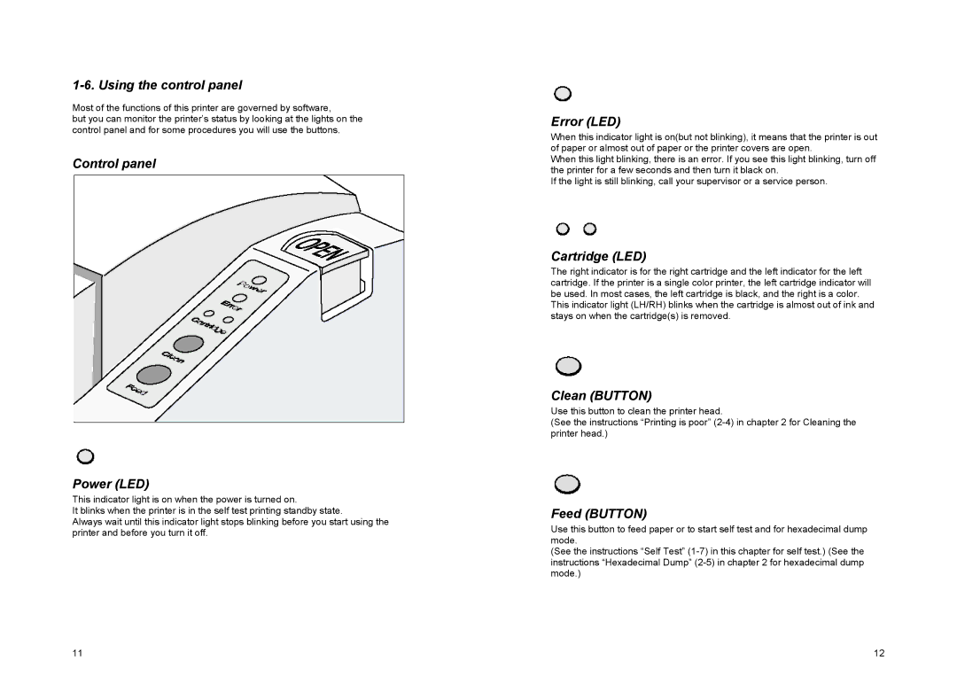 Samsung SRP-500 Using the control panel, Control panel Power LED, Error LED, Cartridge LED, Clean Button, Feed Button 