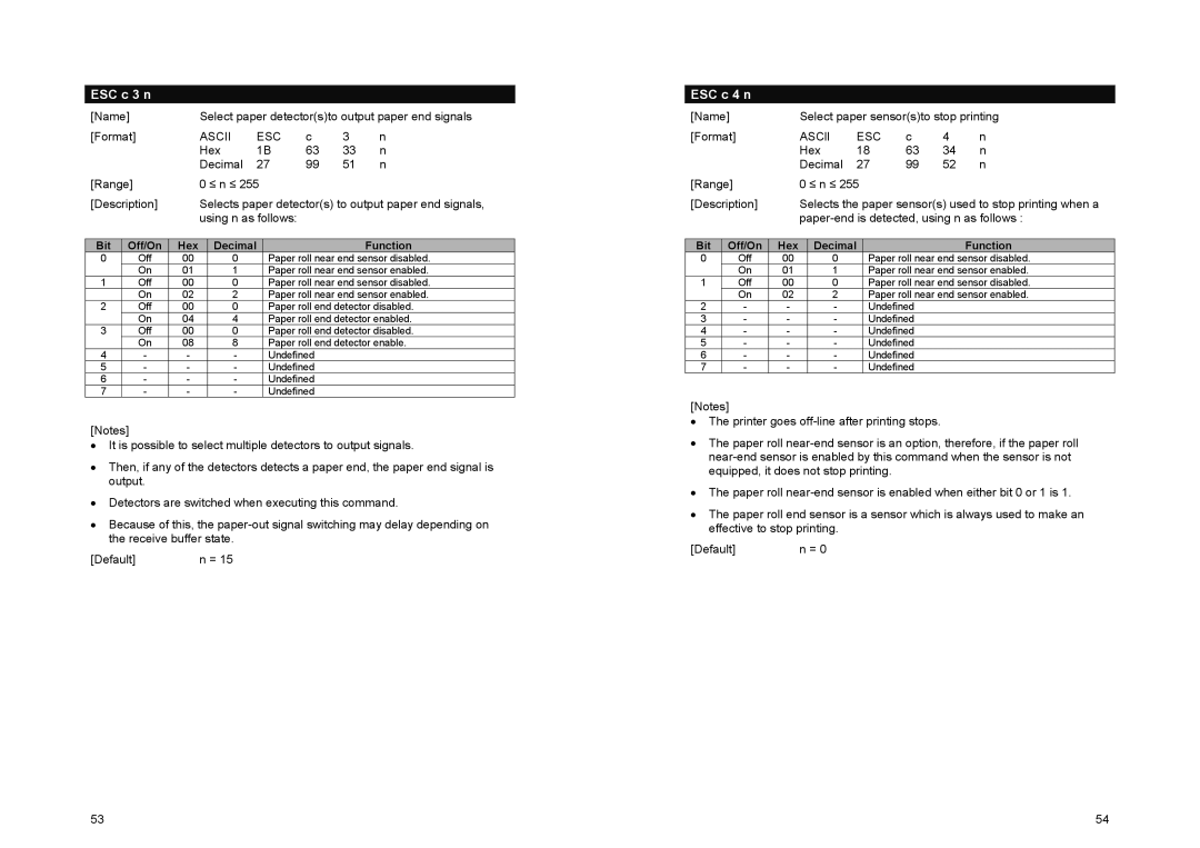 Samsung SRP-500 manual ESC c 3 n, ESC c 4 n, Name Select paper sensorsto stop printing Format ASCll 