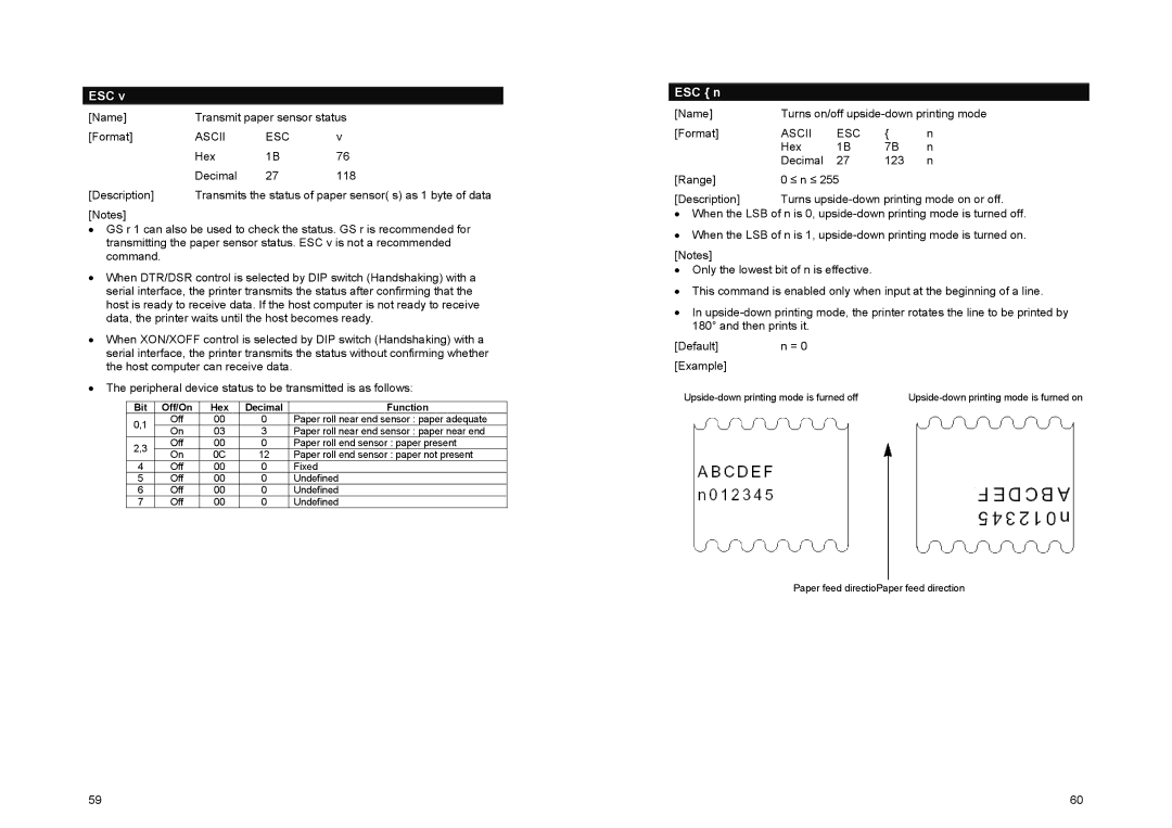 Samsung SRP-500 manual Esc, Name Transmit paper sensor status Format, Name Turns on/off upside-down printing mode Format 