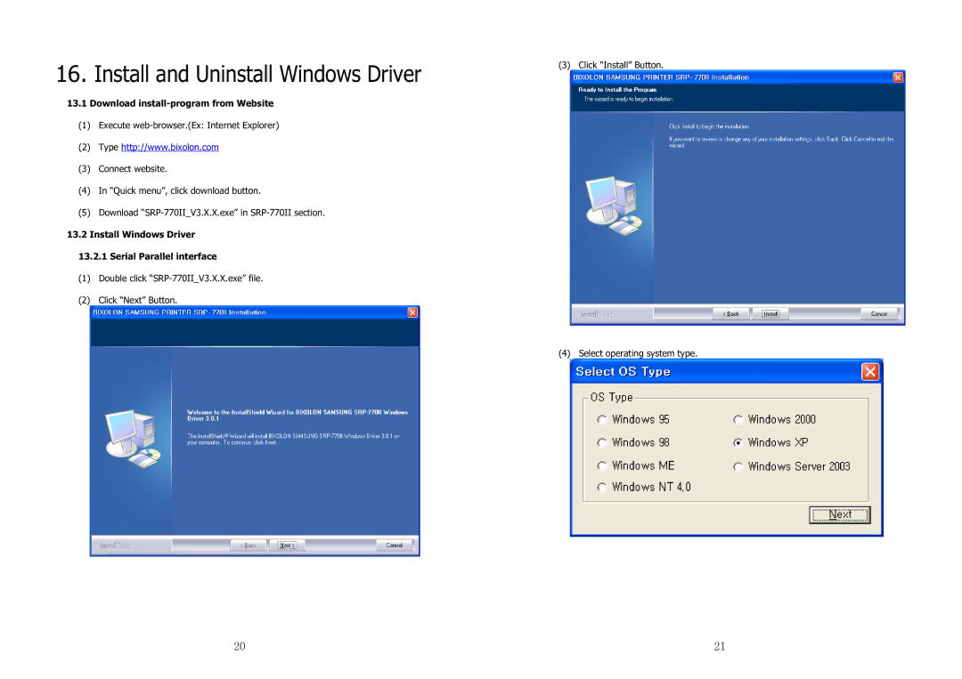 Samsung SRP-770II user manual ڍڋٻ, Download install-program from Website, Install Windows Driver Serial Parallel interface 