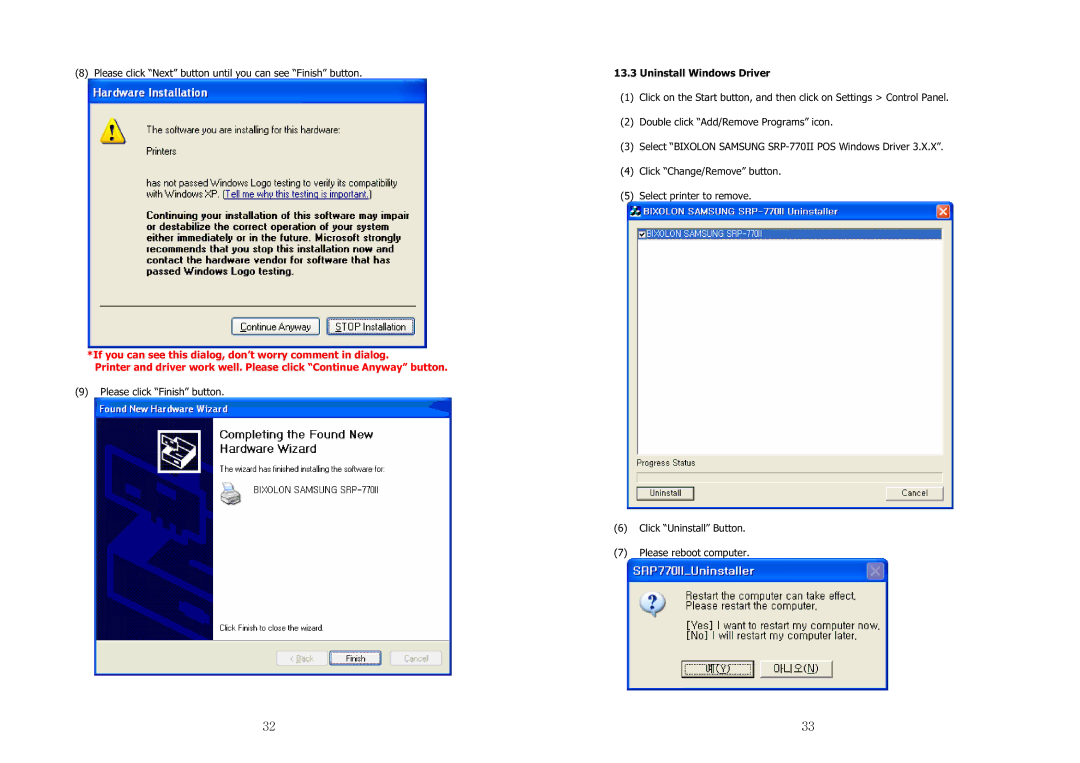 Samsung SRP-770II user manual ڎڍٻ, Uninstall Windows Driver 