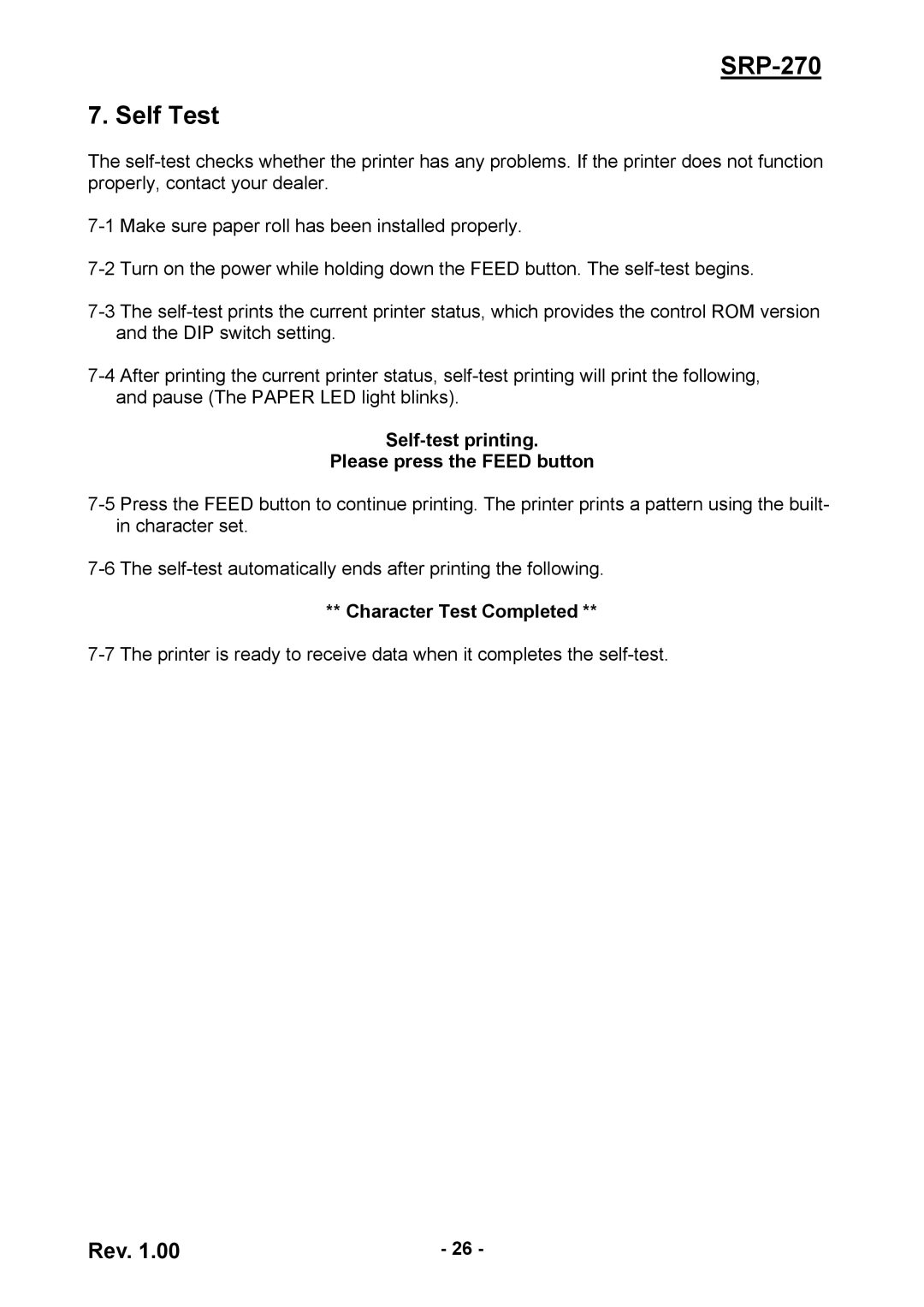 Samsung SRP270AP, SRP270CPG SRP-270 Self Test, Self-test printing Please press the Feed button, Character Test Completed 