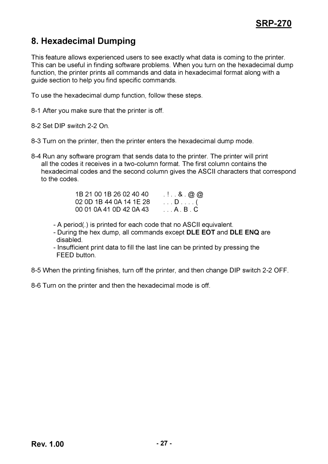 Samsung SRP270CPG, SRP270AP user manual SRP-270 Hexadecimal Dumping 