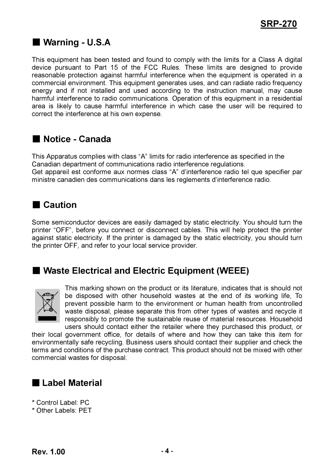 Samsung SRP270AP, SRP270CPG user manual Waste Electrical and Electric Equipment Weee, Label Material 