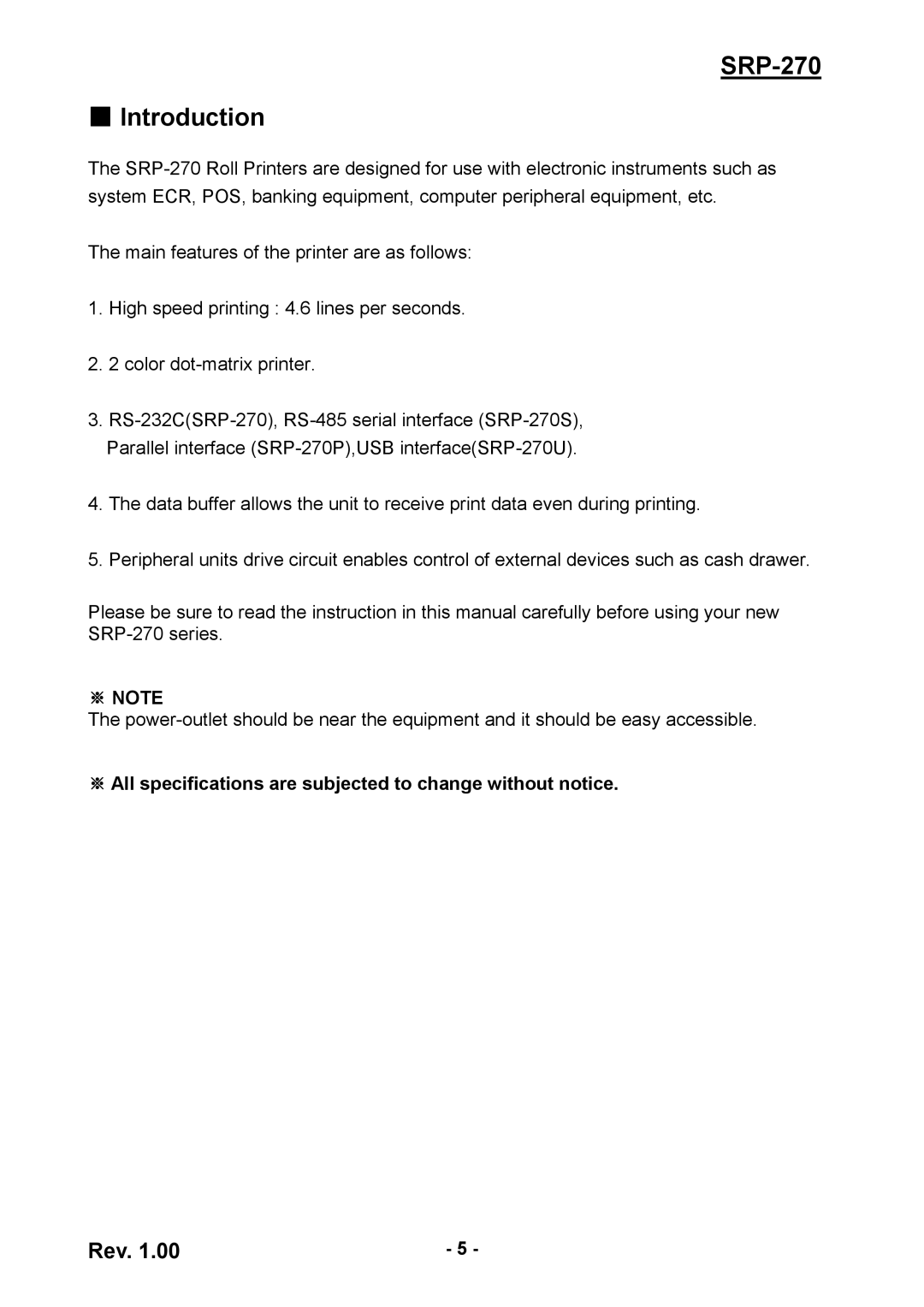 Samsung SRP270CPG, SRP270AP user manual SRP-270 Introduction, ※ All specifications are subjected to change without notice 