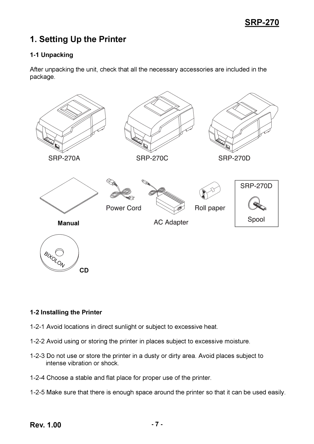 Samsung SRP270CPG, SRP270AP user manual SRP-270 Setting Up the Printer, Unpacking, Manual Installing the Printer 