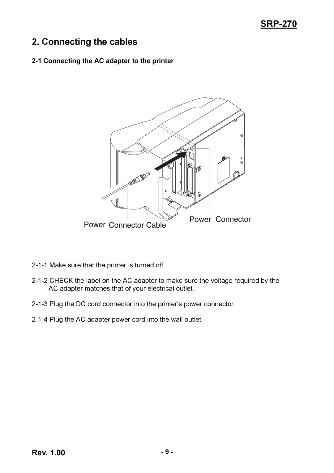 Samsung SRP270CPG, SRP270AP user manual SRP-270 Connecting the cables, Connecting the AC adapter to the printer 