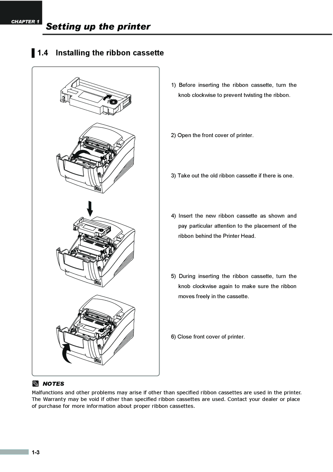 Samsung SRP275APG user manual Installing the ribbon cassette 