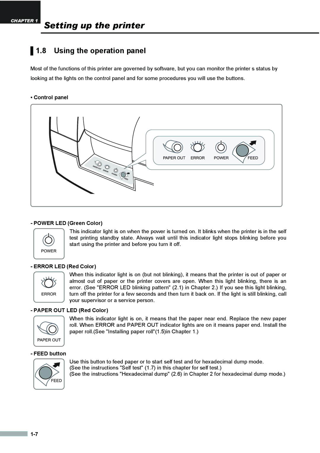 Samsung SRP275APG Using the operation panel, Control panel Power LED Green Color, Error LED Red Color, Feed button 