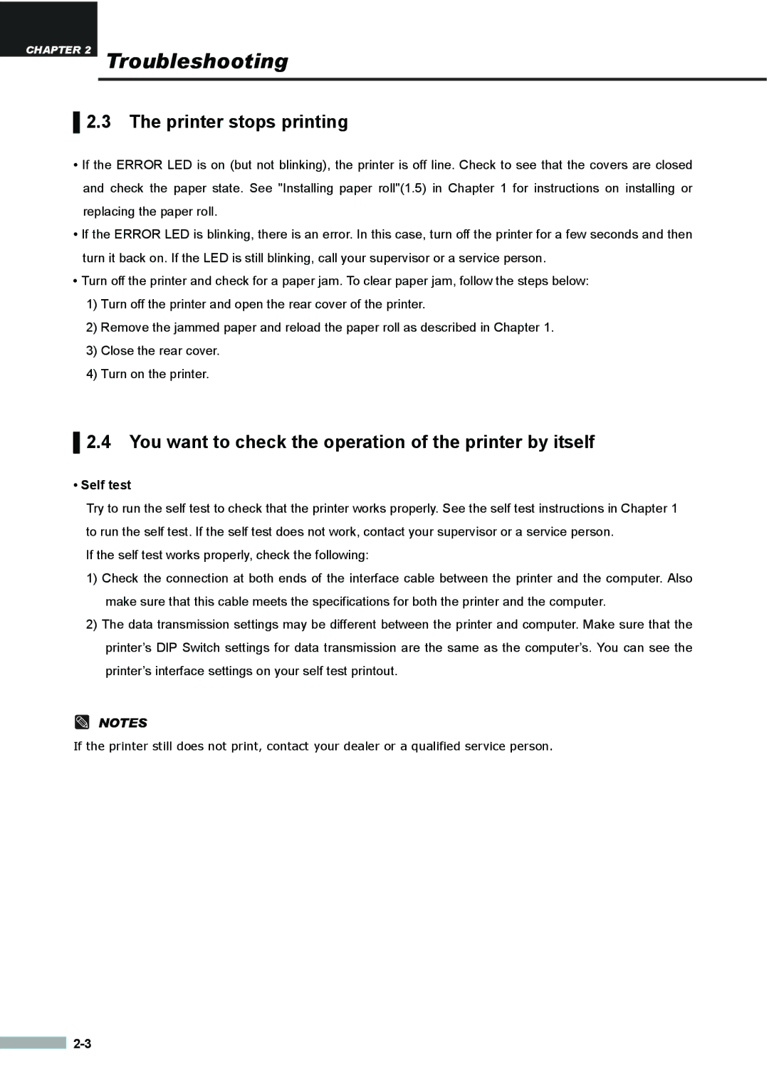 Samsung SRP275APG user manual Printer stops printing, You want to check the operation of the printer by itself, Self test 