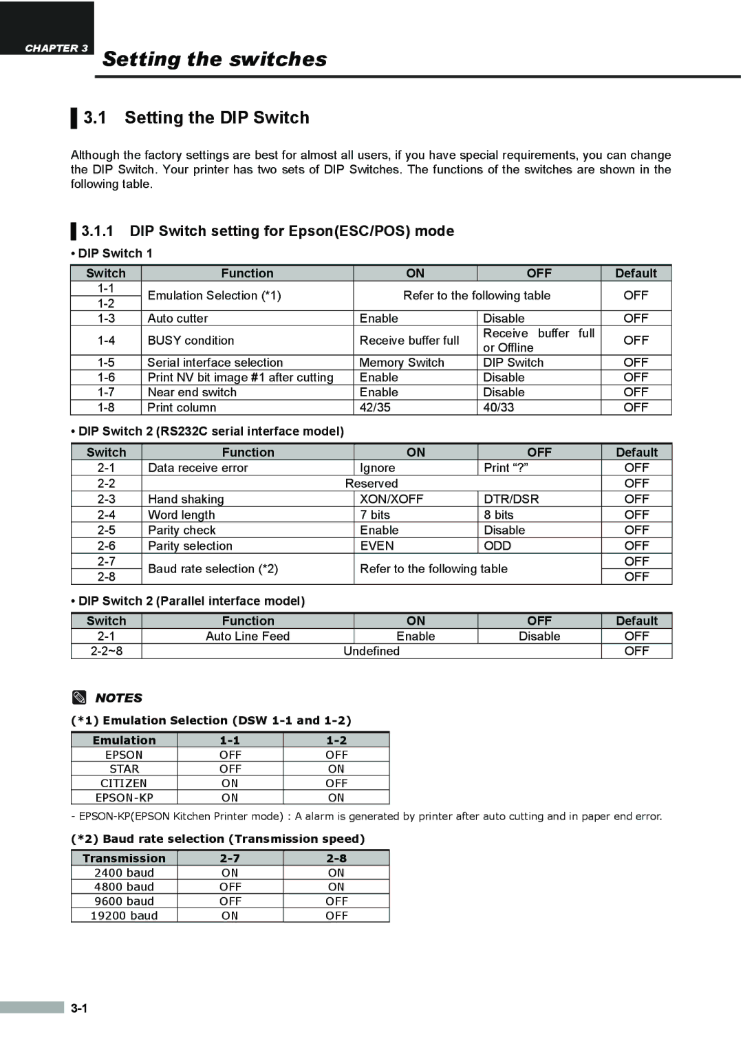 Samsung SRP275APG user manual Setting the DIP Switch, DIP Switch setting for EpsonESC/POS mode 