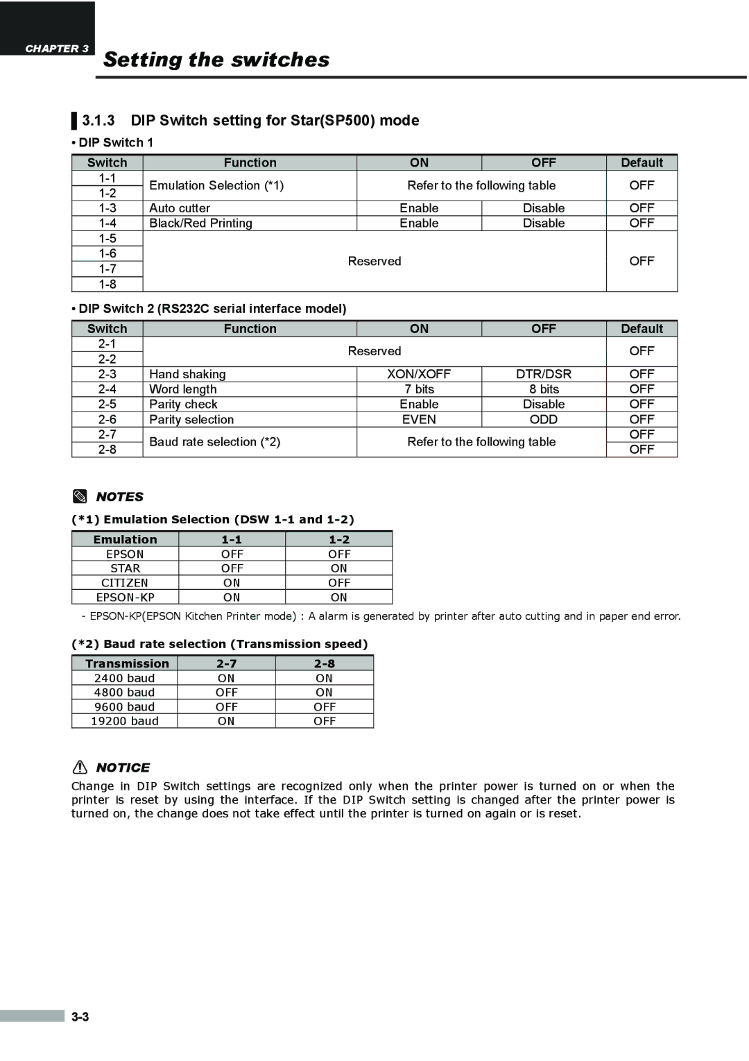 Samsung SRP275APG user manual DIP Switch setting for StarSP500 mode 