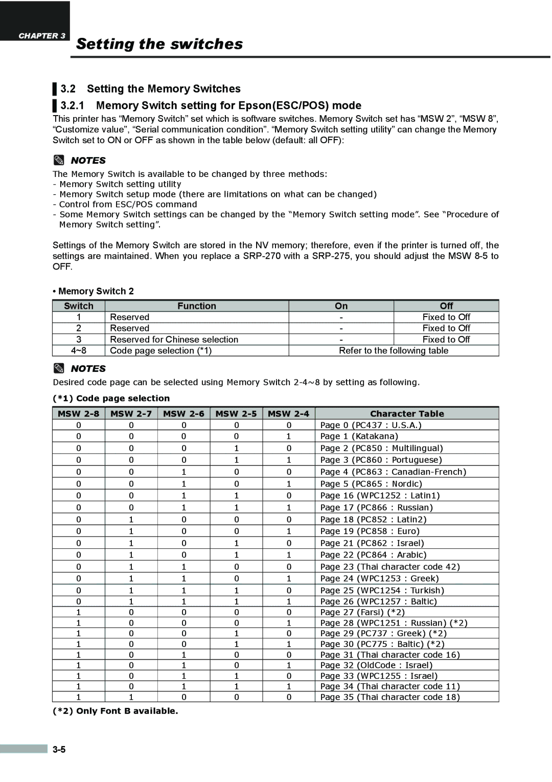 Samsung SRP275APG user manual Memory Switch Function Off, Code page selection MSW Character Table, Only Font B available 