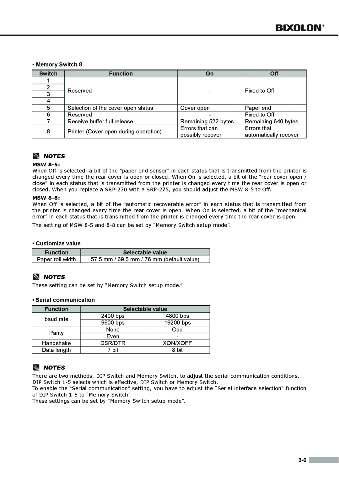 Samsung SRP275APG user manual Customize value Function Selectable value Paper roll width 