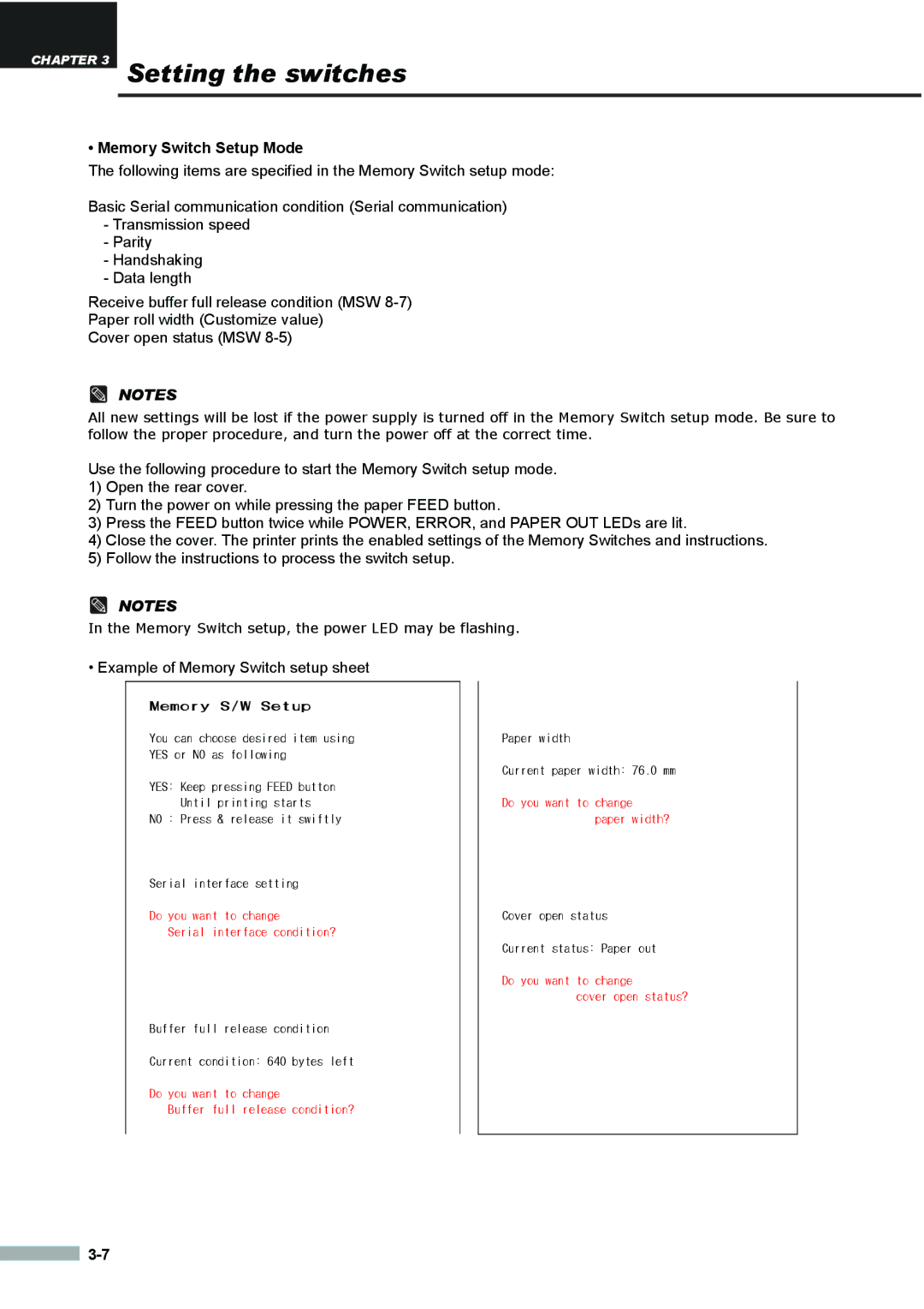 Samsung SRP275APG user manual Memory Switch Setup Mode, Example of Memory Switch setup sheet 