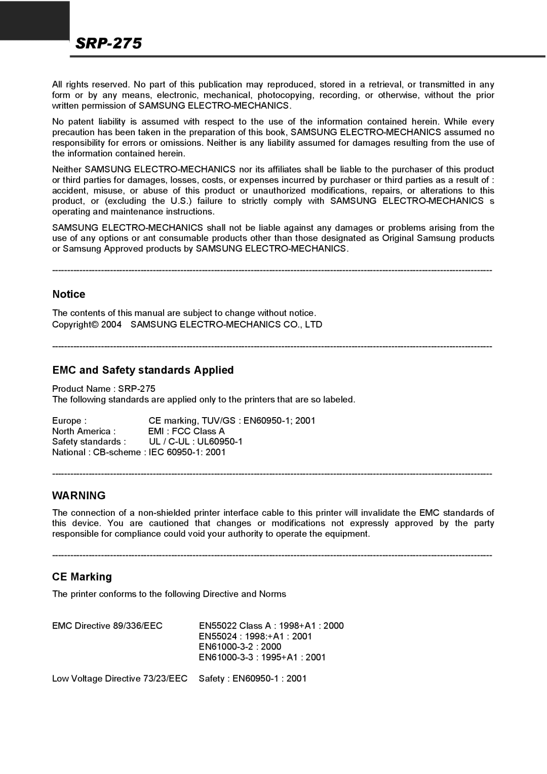 Samsung SRP275APG user manual EMC and Safety standards Applied, CE Marking 