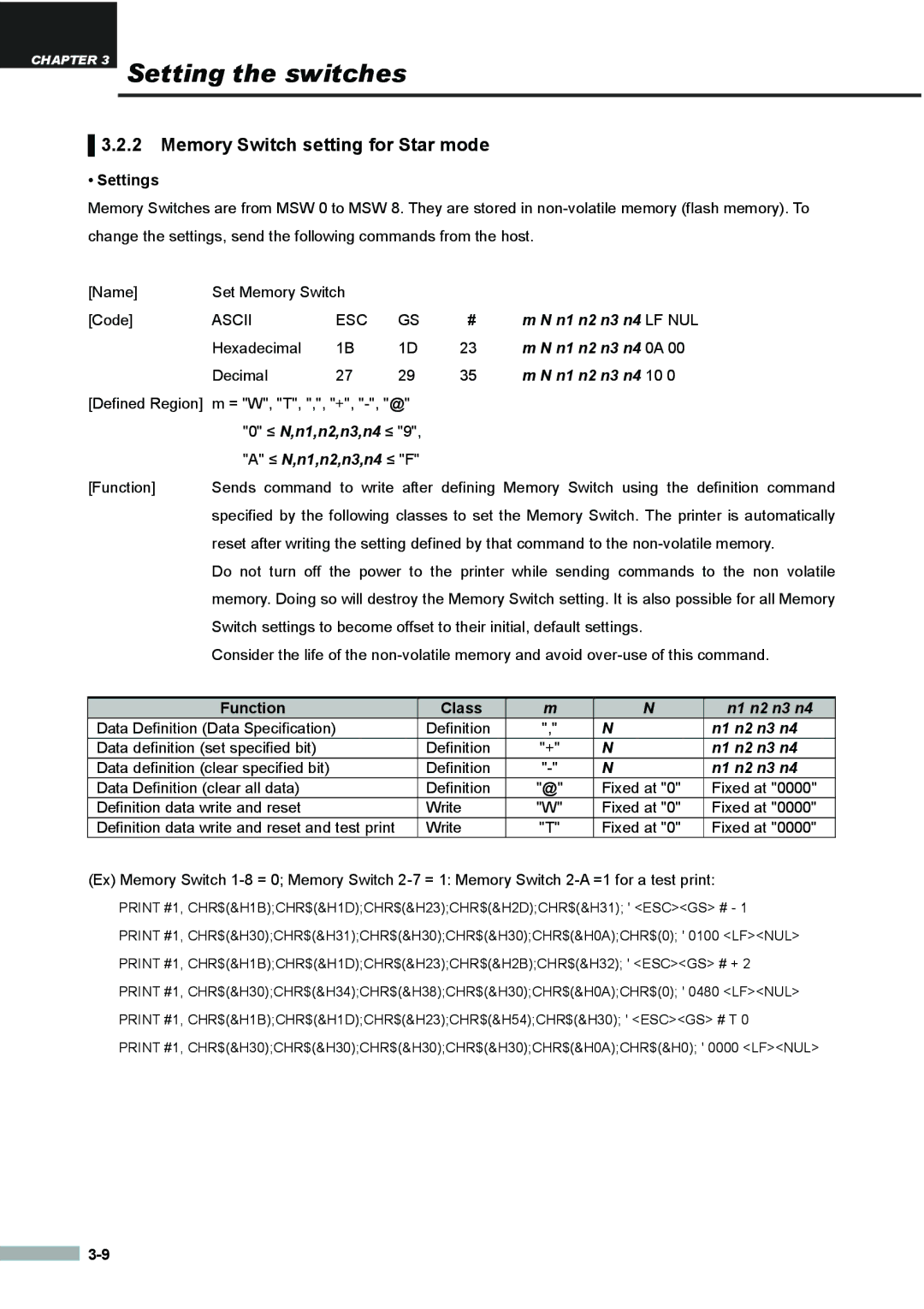 Samsung SRP275APG user manual Memory Switch setting for Star mode, Settings, Function Class 