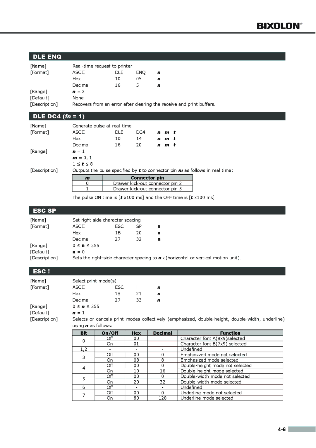 Samsung SRP275APG user manual DLE DC4 fn =, Connector pin, Bit, Hex Decimal Function 