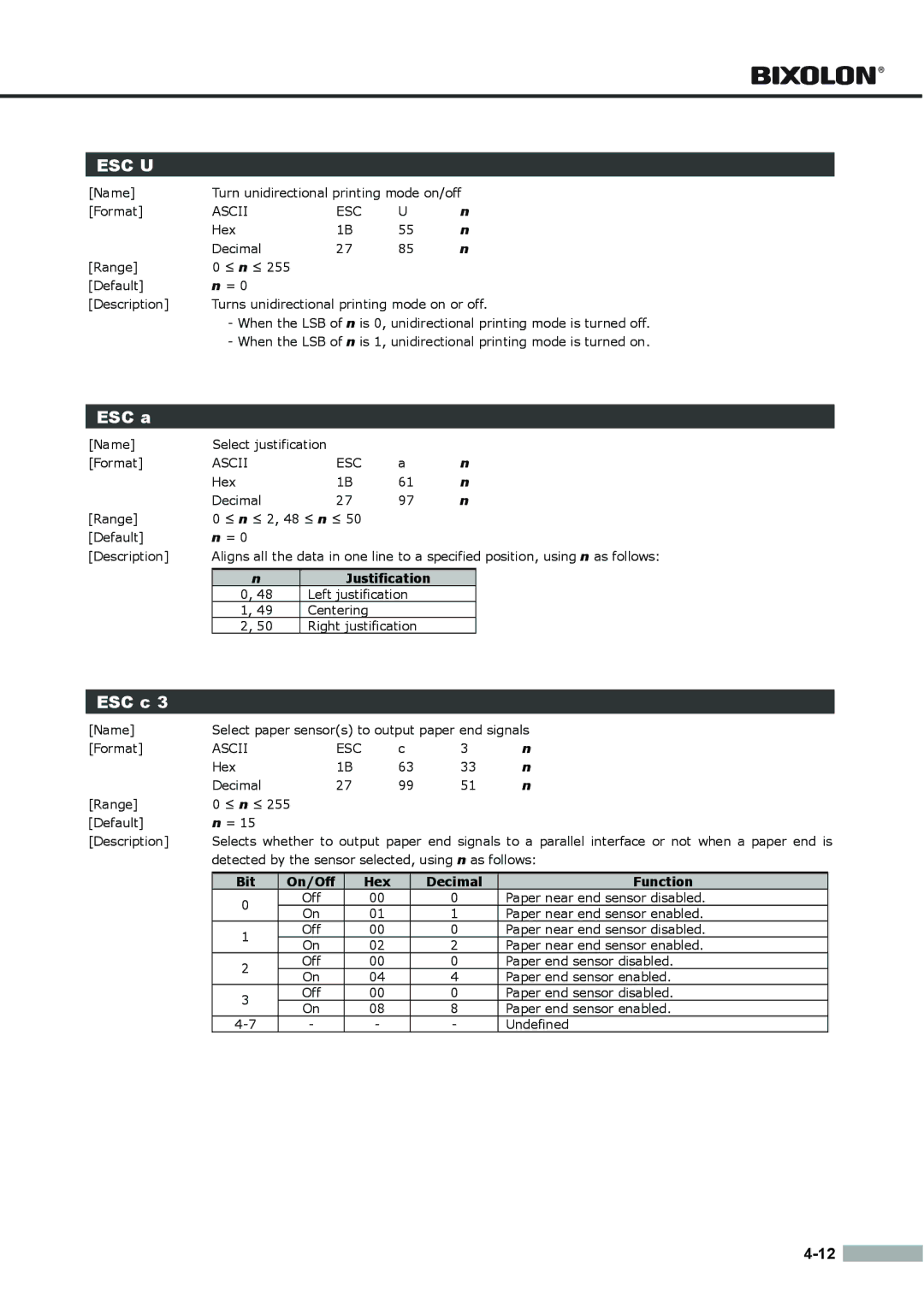 Samsung SRP275APG user manual ESC a, ESC c, Justification 