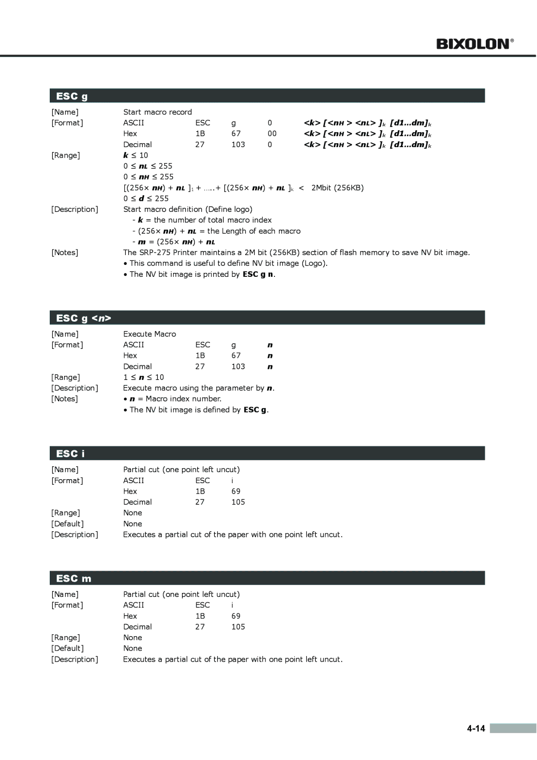 Samsung SRP275APG user manual ESC g n, Esc, ESC m 