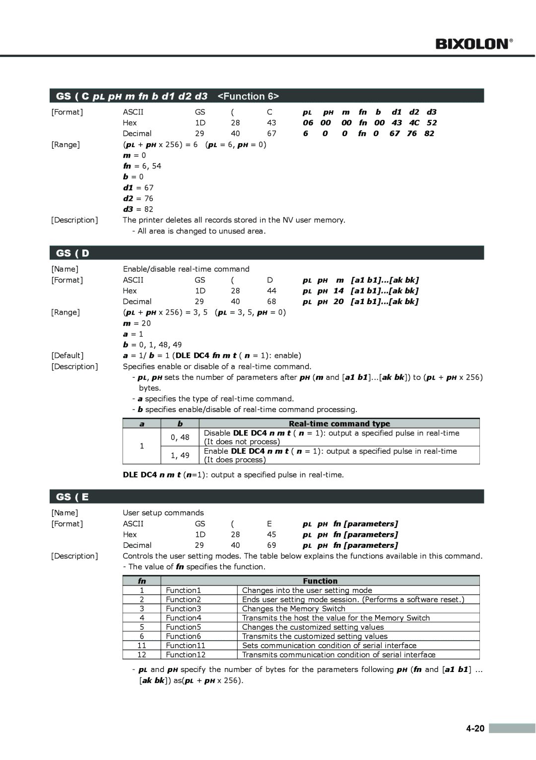 Samsung SRP275APG user manual Gs D, Gs E, Real-time command type 