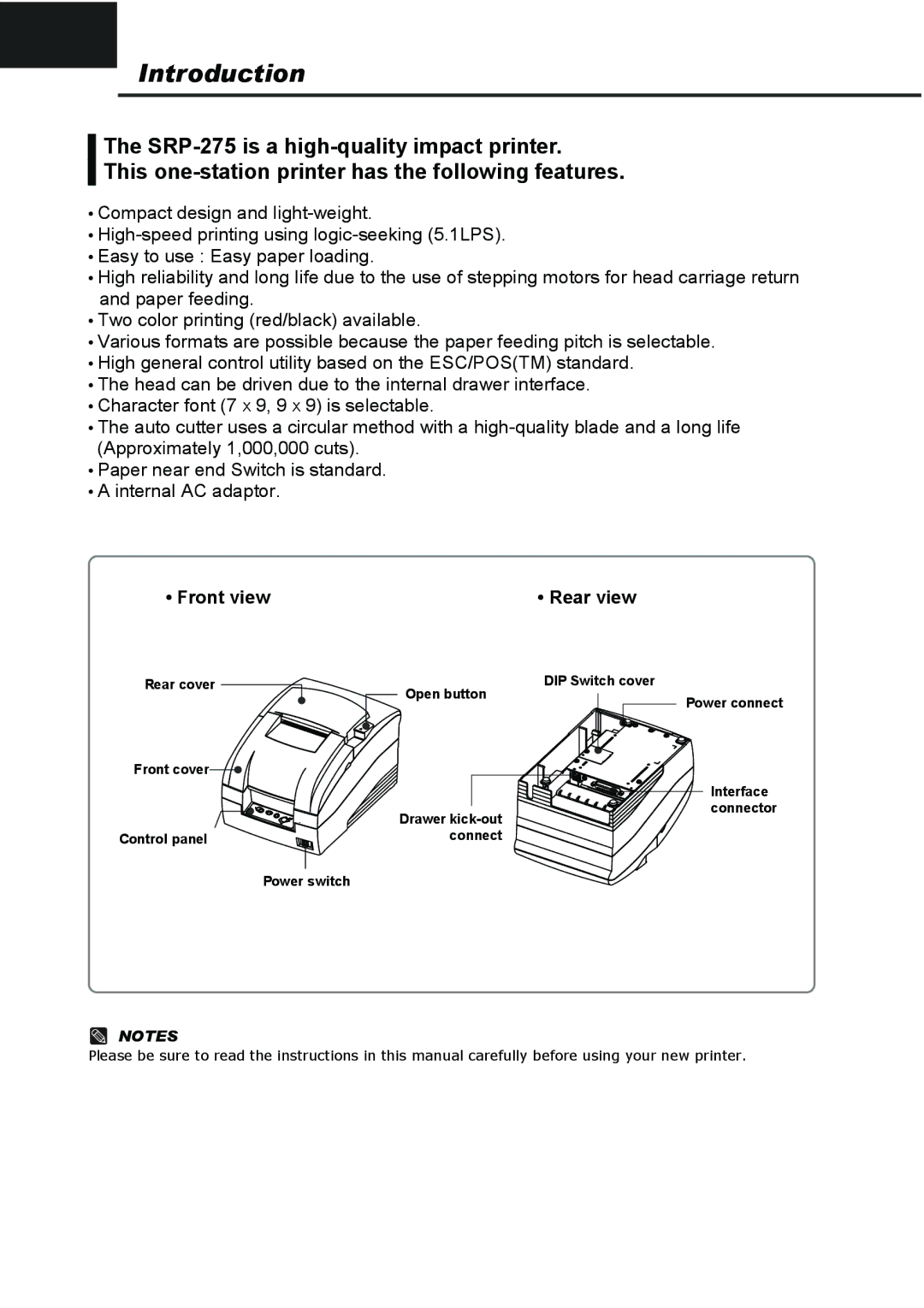 Samsung SRP275APG user manual Front view, Rear view 