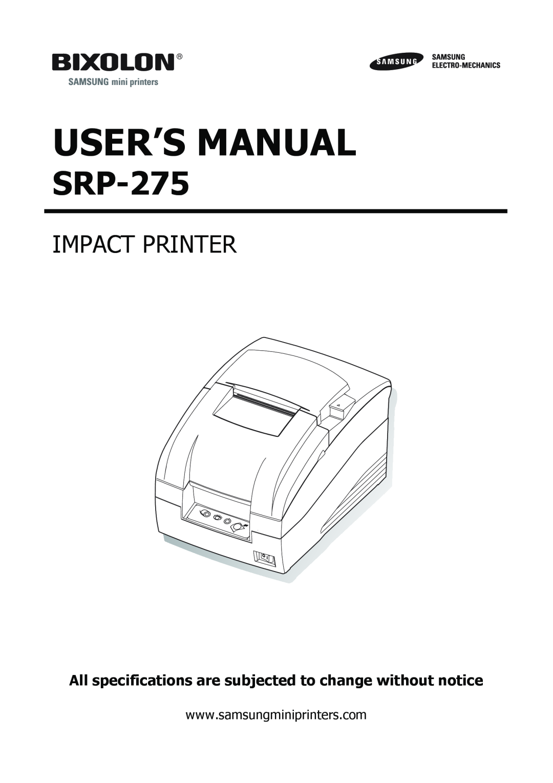 Samsung SRP275APG user manual User’S Manual, SRP-275, Impact Printer 