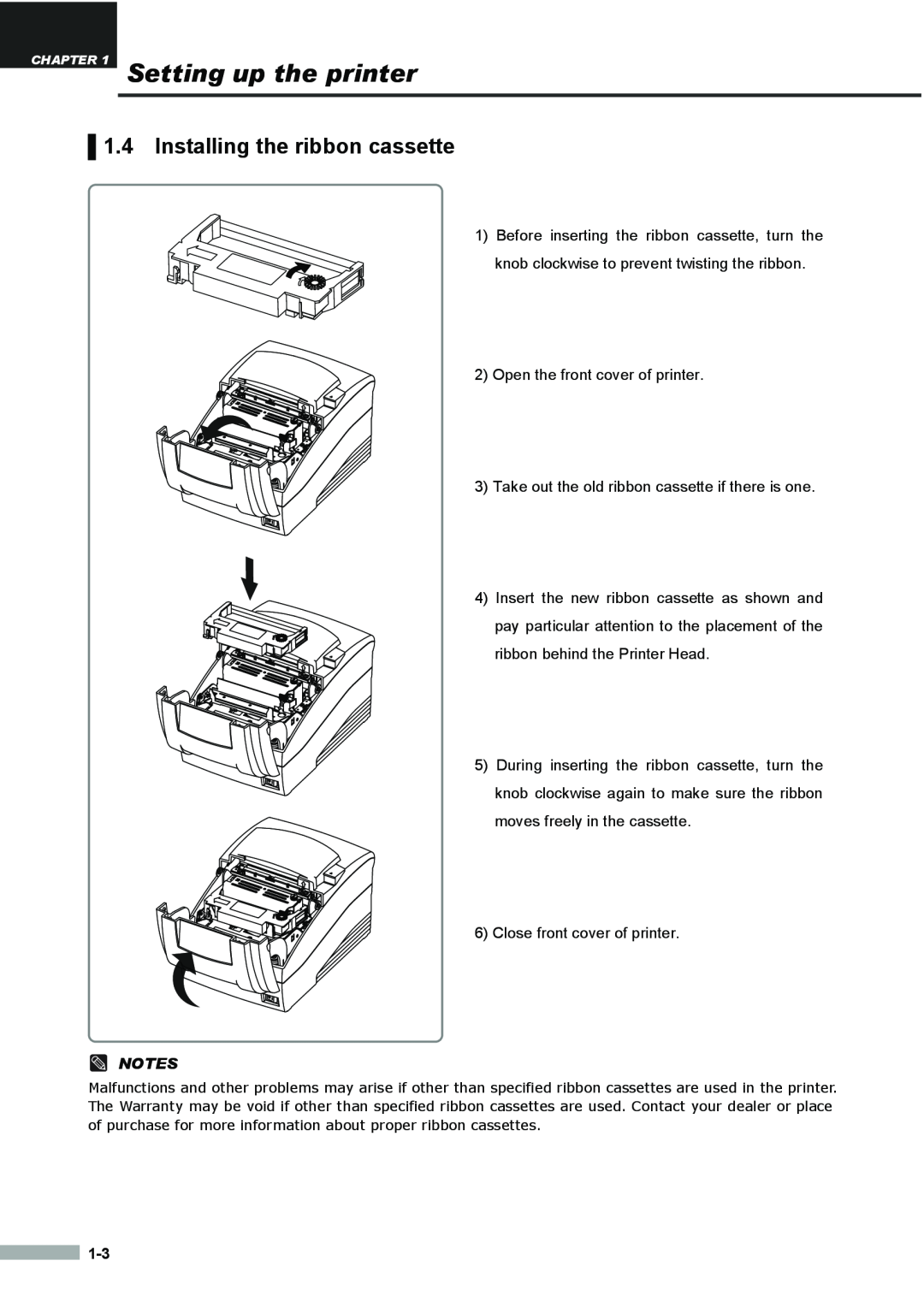 Samsung SRP275APG user manual Installing the ribbon cassette, Setting up the printer 