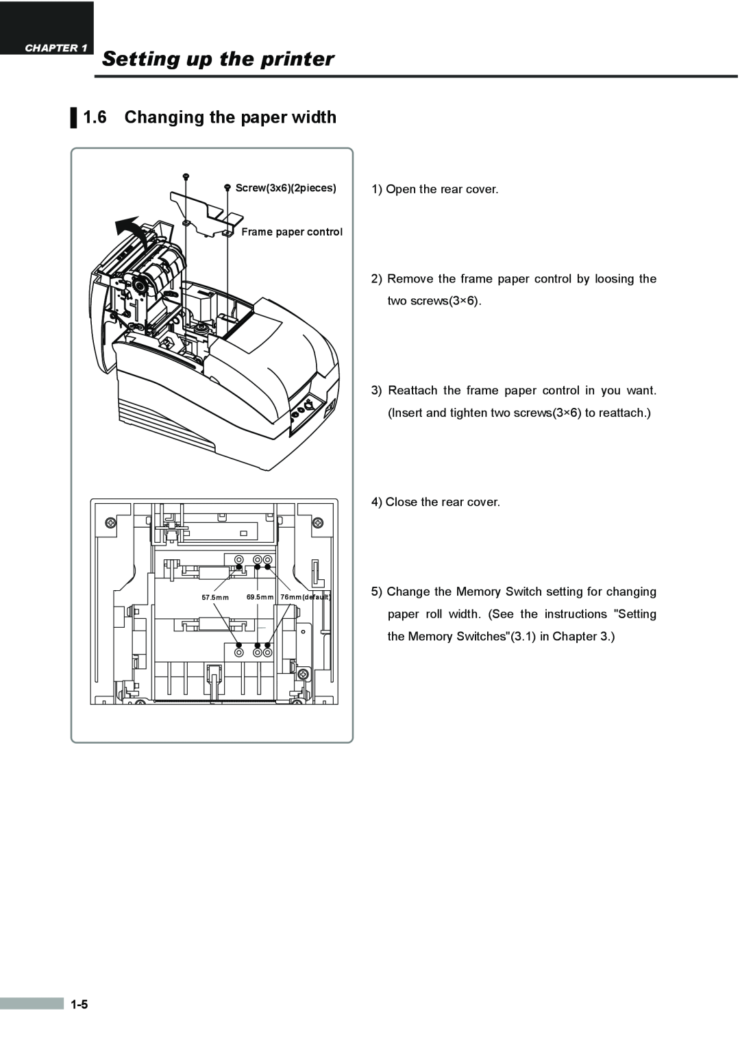 Samsung SRP275APG user manual Changing the paper width, Setting up the printer 