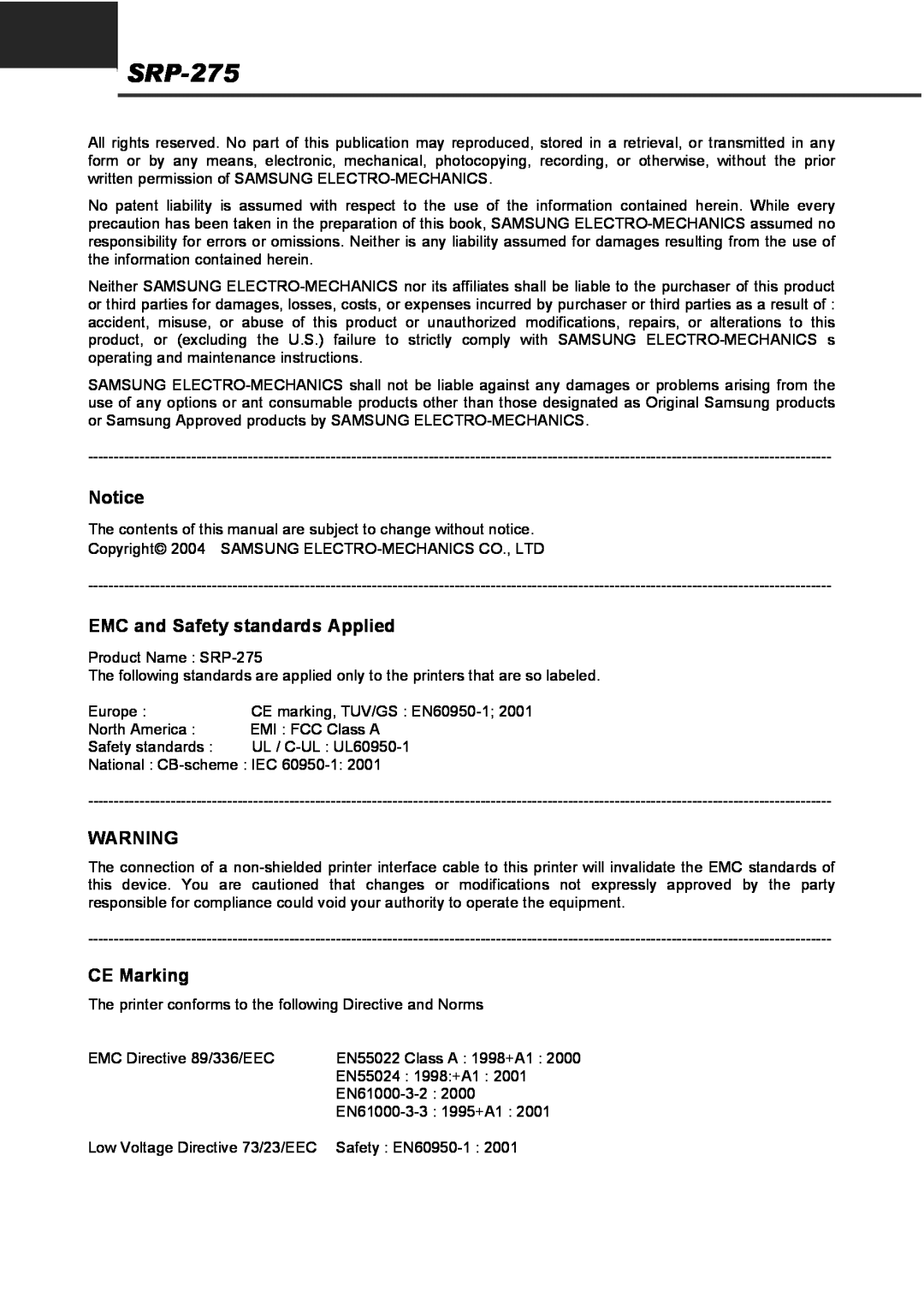 Samsung SRP275APG user manual SRP-275, EMC and Safety standards Applied, CE Marking 