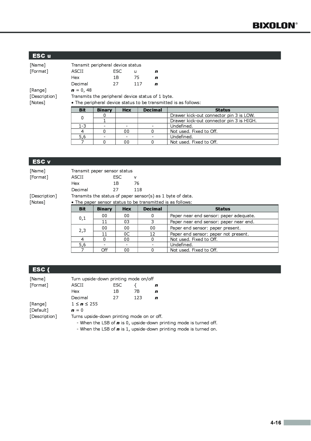 Samsung SRP275APG user manual ESC u, Binary, Decimal, Status 