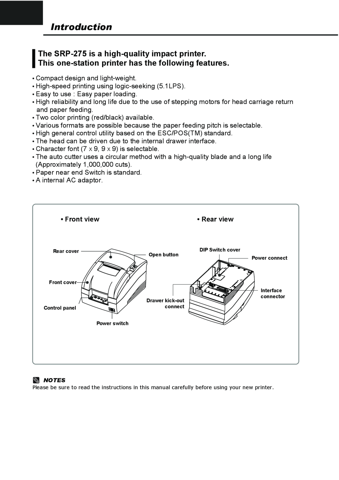Samsung SRP275APG user manual Introduction, The SRP-275 is a high-quality impact printer, Front view, Rear view 