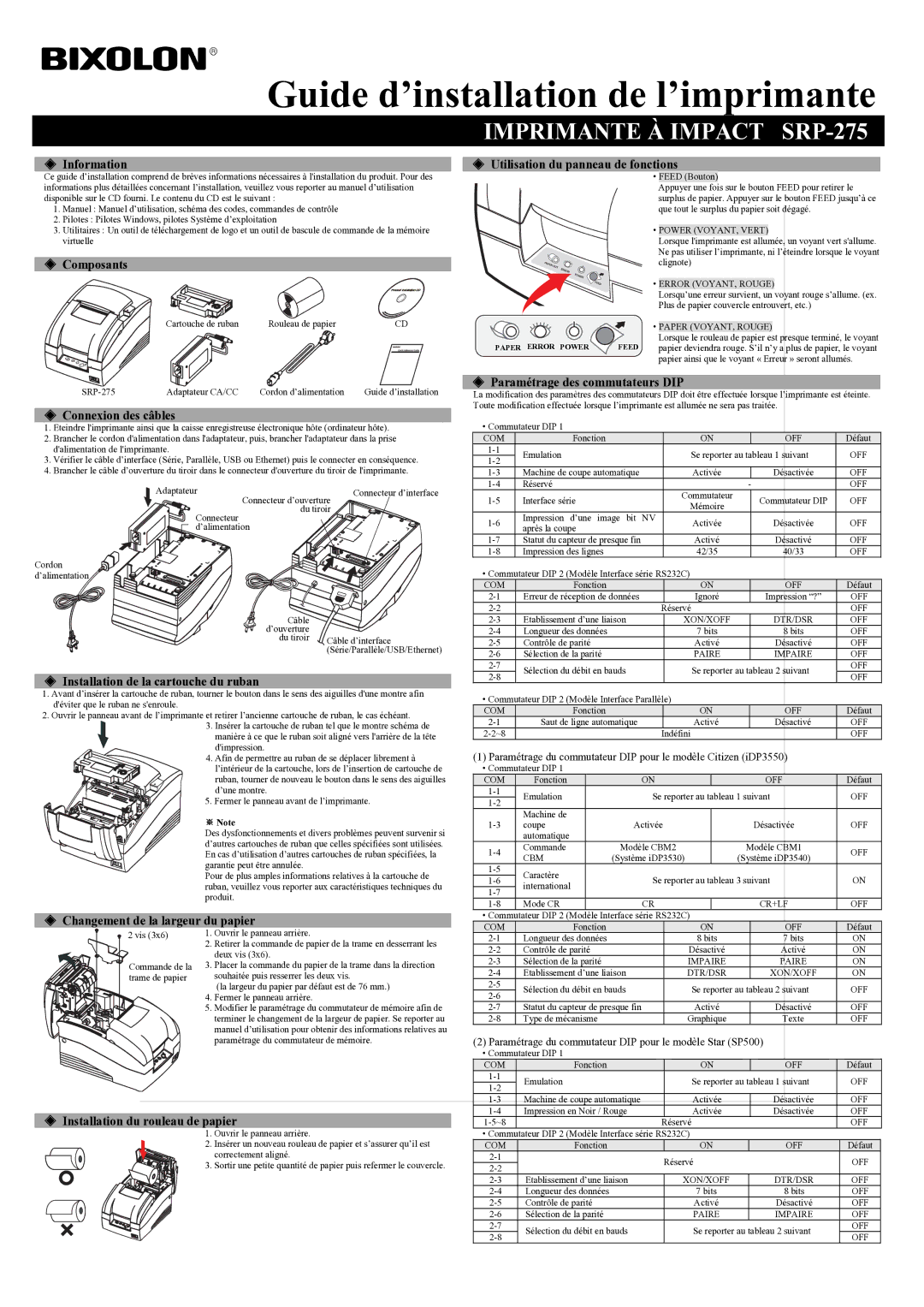 Samsung SRP275CPG user manual Guide d’installation de l’imprimante, Imprimante À Impact SRP-275 