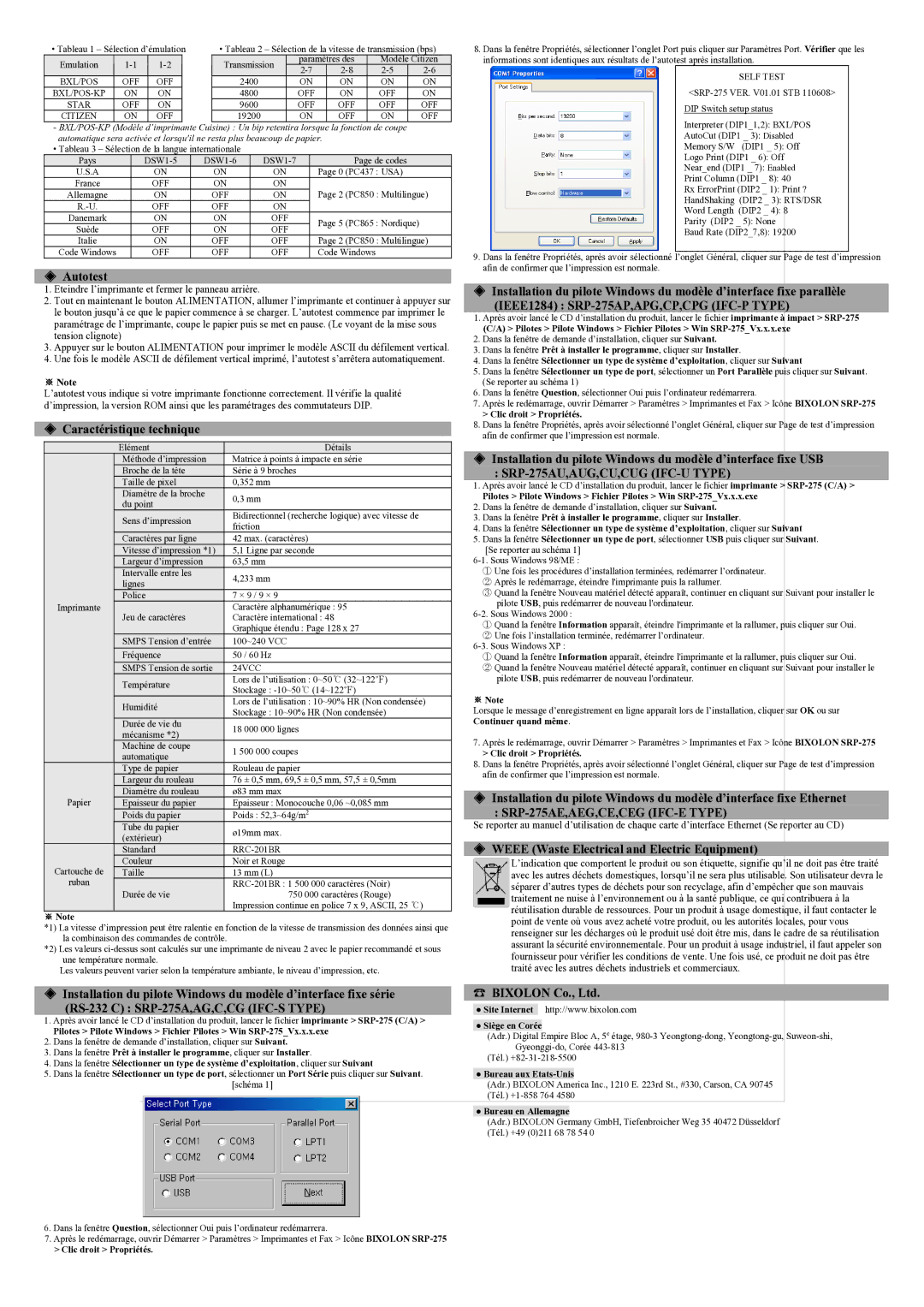 Samsung SRP275CPG user manual Autotest, Caractéristique technique, Weee Waste Electrical and Electric Equipment 