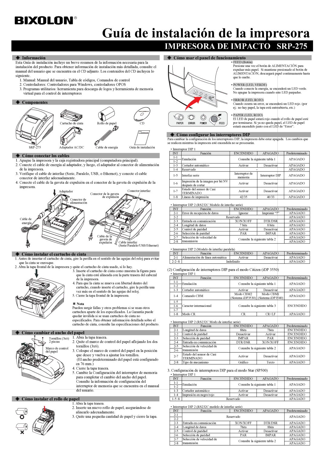 Samsung SRP275CPG user manual Guía de instalación de la impresora, Impresora DE Impacto SRP-275 