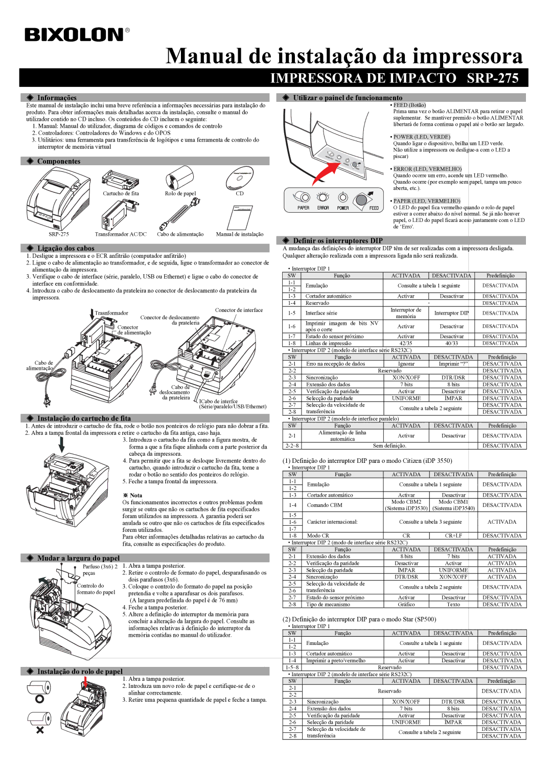 Samsung SRP275CPG user manual Manual de instalação da impressora, Impressora DE Impacto SRP-275 