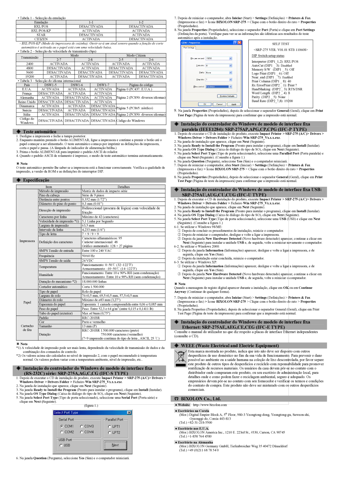 Samsung SRP275CPG user manual Teste automático, Especificação, Fricção 