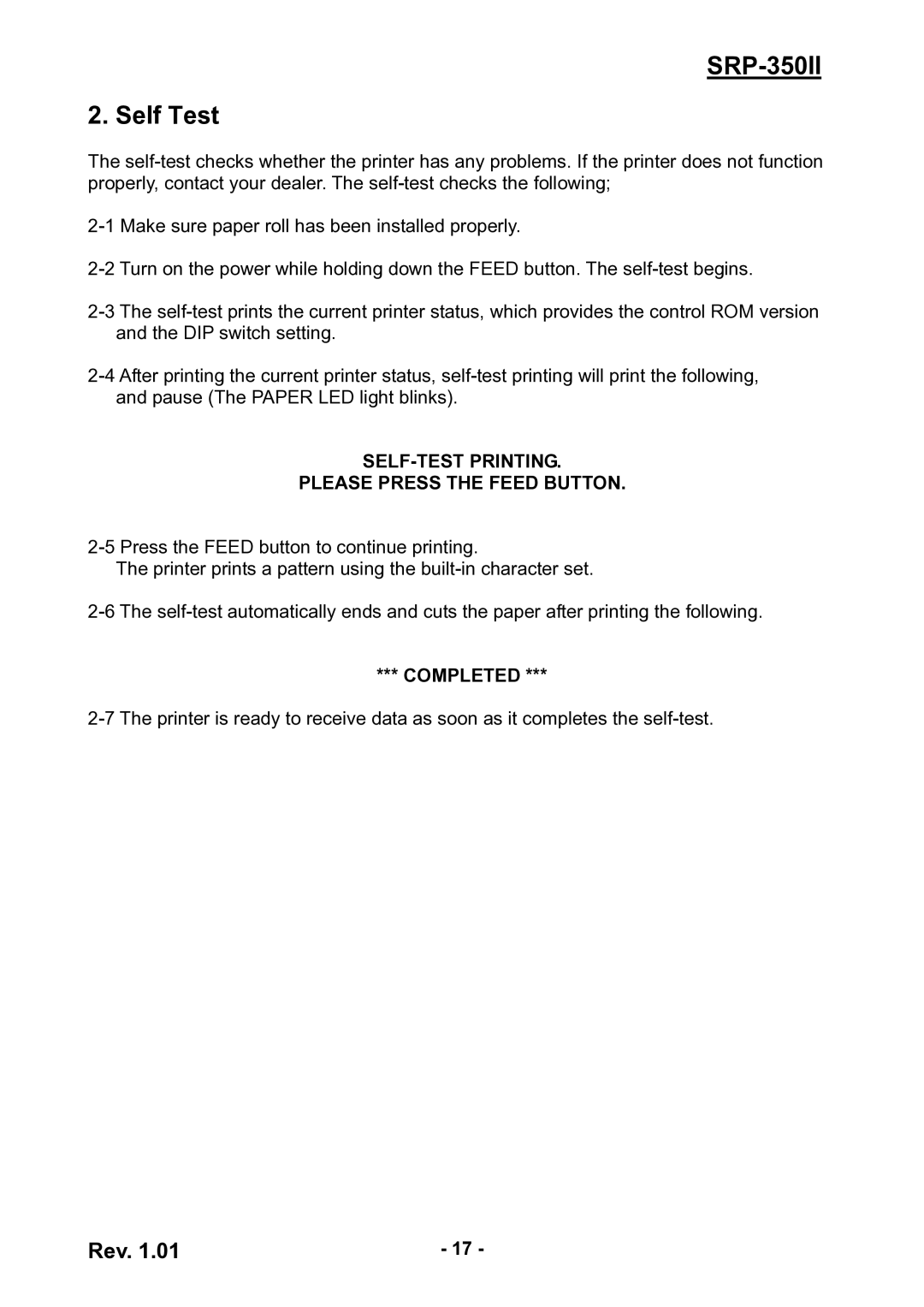 Samsung SRP350II user manual Self Test, SELF-TEST Printing Please Press the Feed Button, Completed 