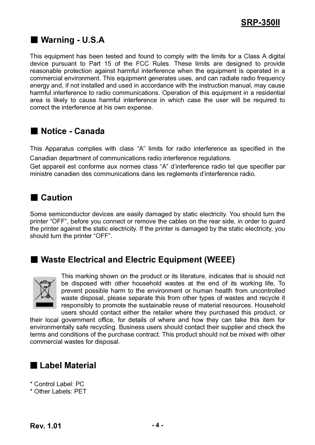 Samsung SRP350II user manual Waste Electrical and Electric Equipment Weee, Label Material 