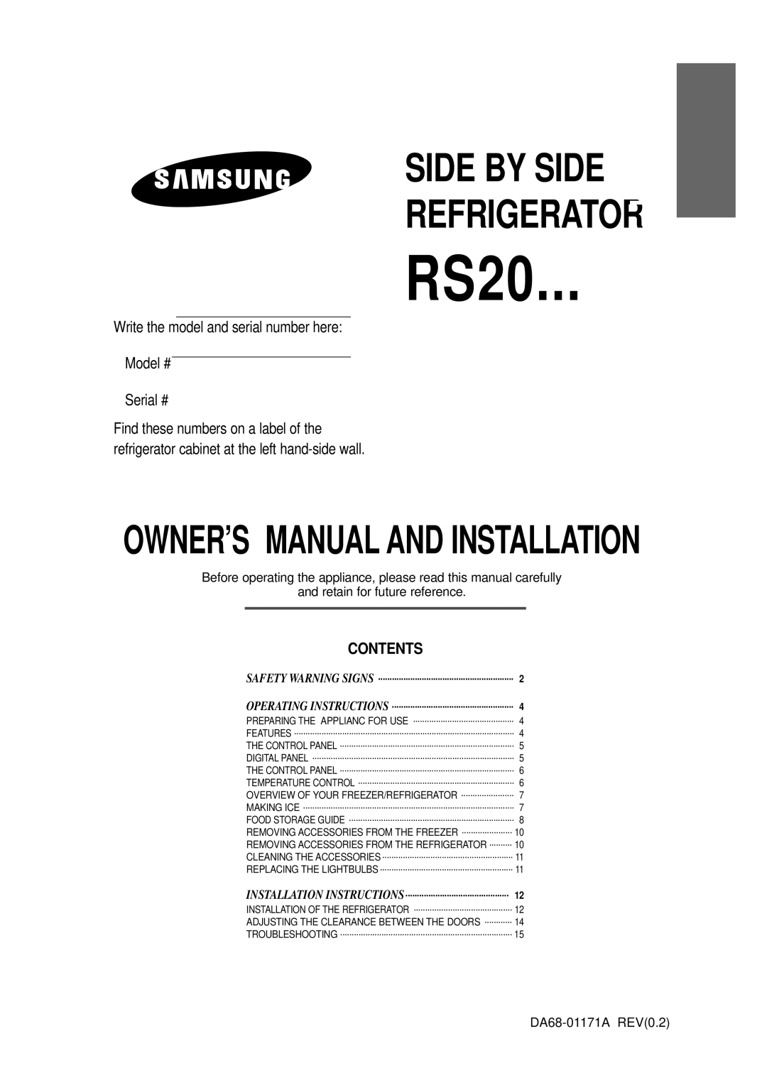 Samsung SRS536NP owner manual Contents, RS20, Side By Side Refrigerator, Write the model and serial number here Model # 