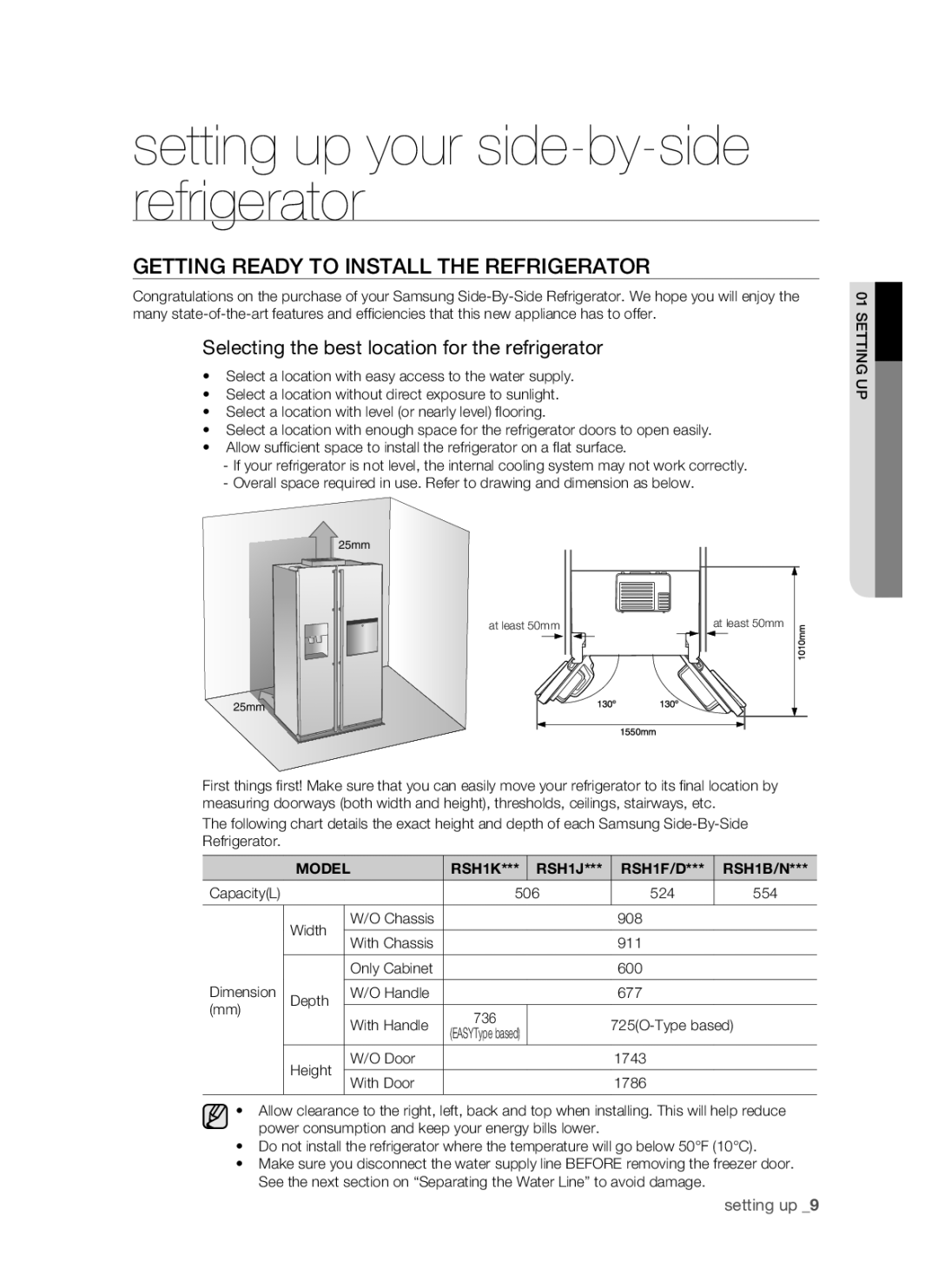 Samsung RSH1J, SRS610HDSS Getting ready to install the refrigerator, Selecting the best location for the refrigerator 