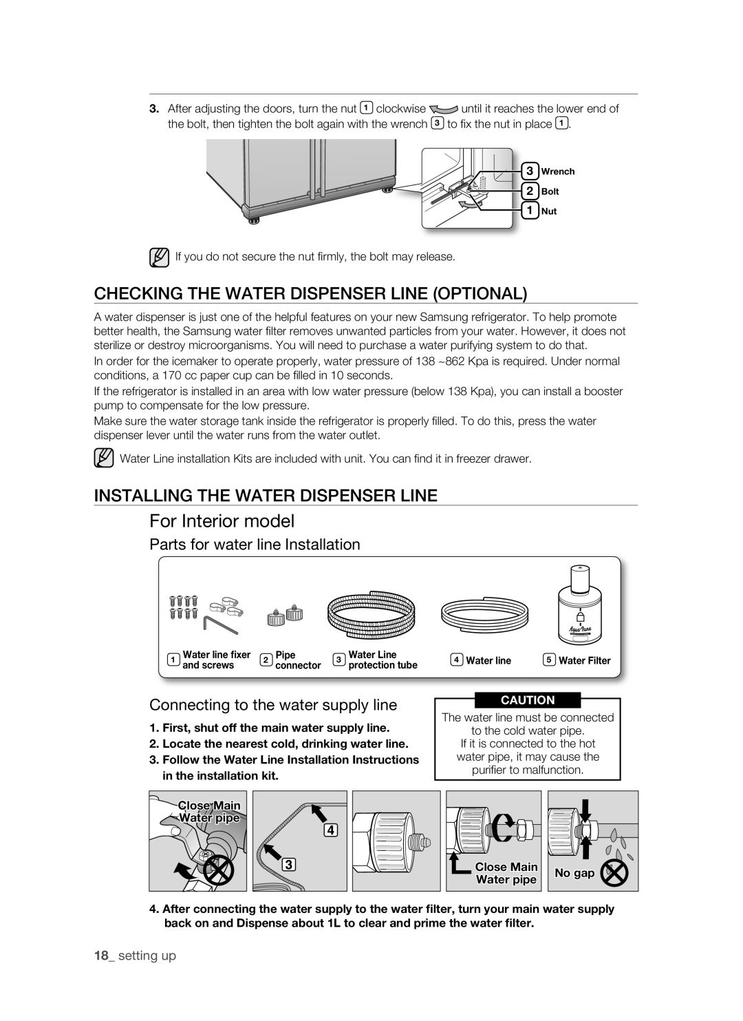 Samsung RSH1B For Interior model, CHECKING THE WATER DISPENSER LINE optional, Installing the water dispenser line, No gap 