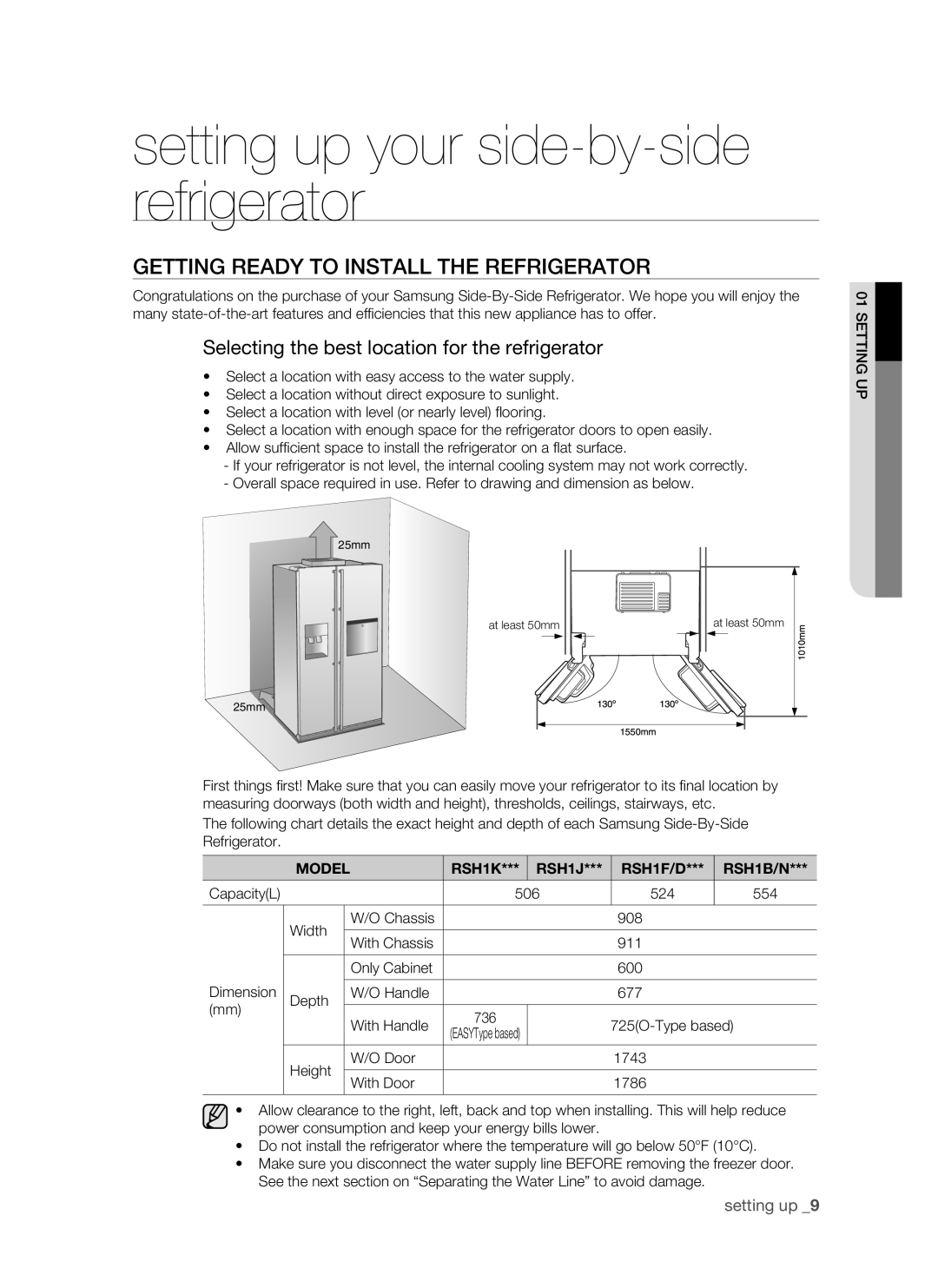 Samsung RSH1J setting up your side-by-side refrigerator, Getting ready to install the refrigerator, setting up , Model 