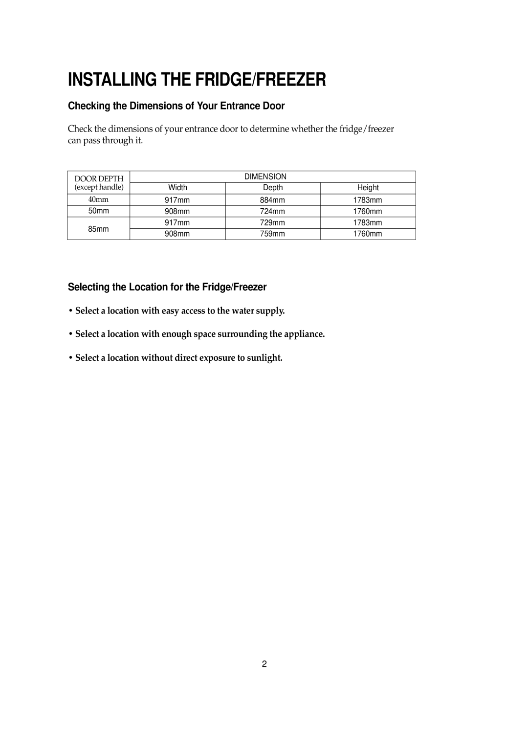 Samsung SRS581DTKM, SRS614DW Checking the Dimensions of Your Entrance Door, Selecting the Location for the Fridge/Freezer 