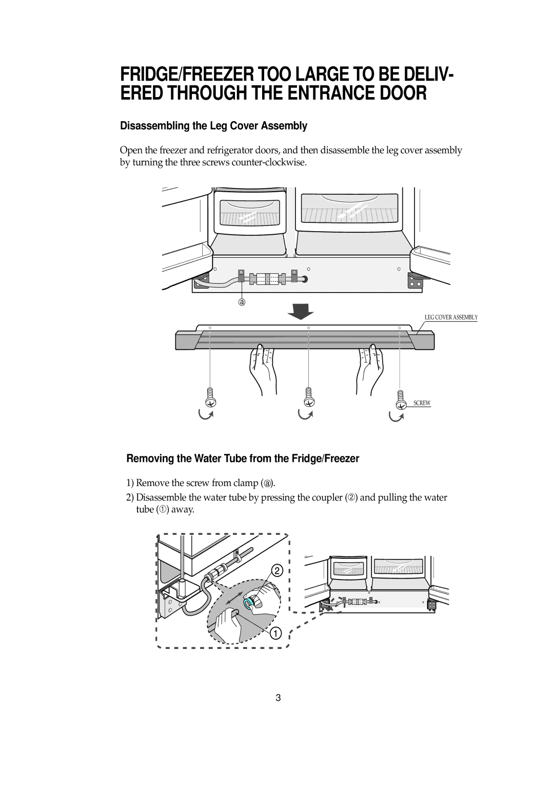 Samsung SRS580DTKG, SRS616DSSB Disassembling the Leg Cover Assembly, Removing the Water Tube from the Fridge/Freezer 