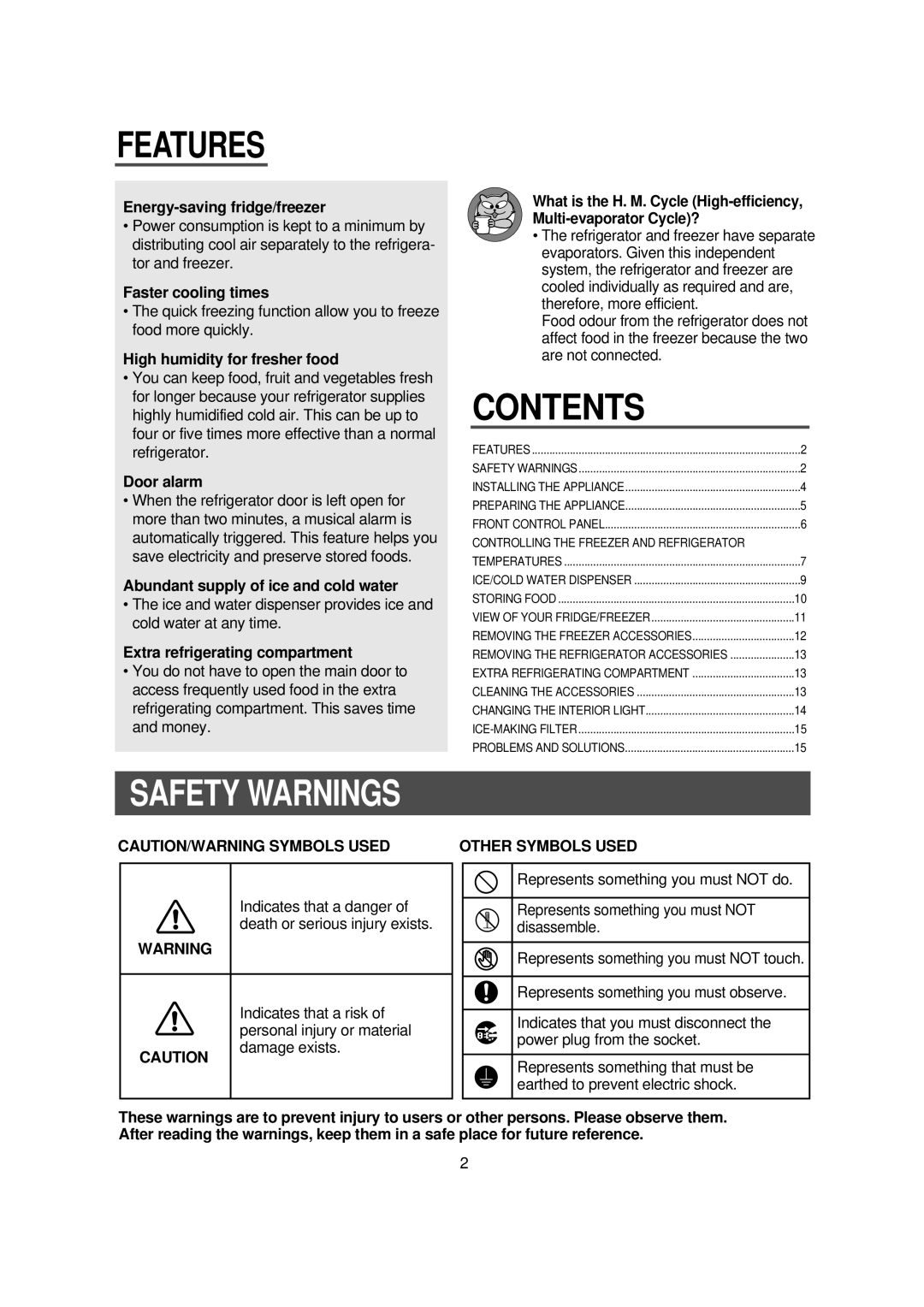 Samsung SRS581DTKM, SRS616DSSB, SRS614DW, SRS580DTKG, SRS580DW, SRS582DTKGM, SRS582DSSB, SRS579NP Features, Safety Warnings 