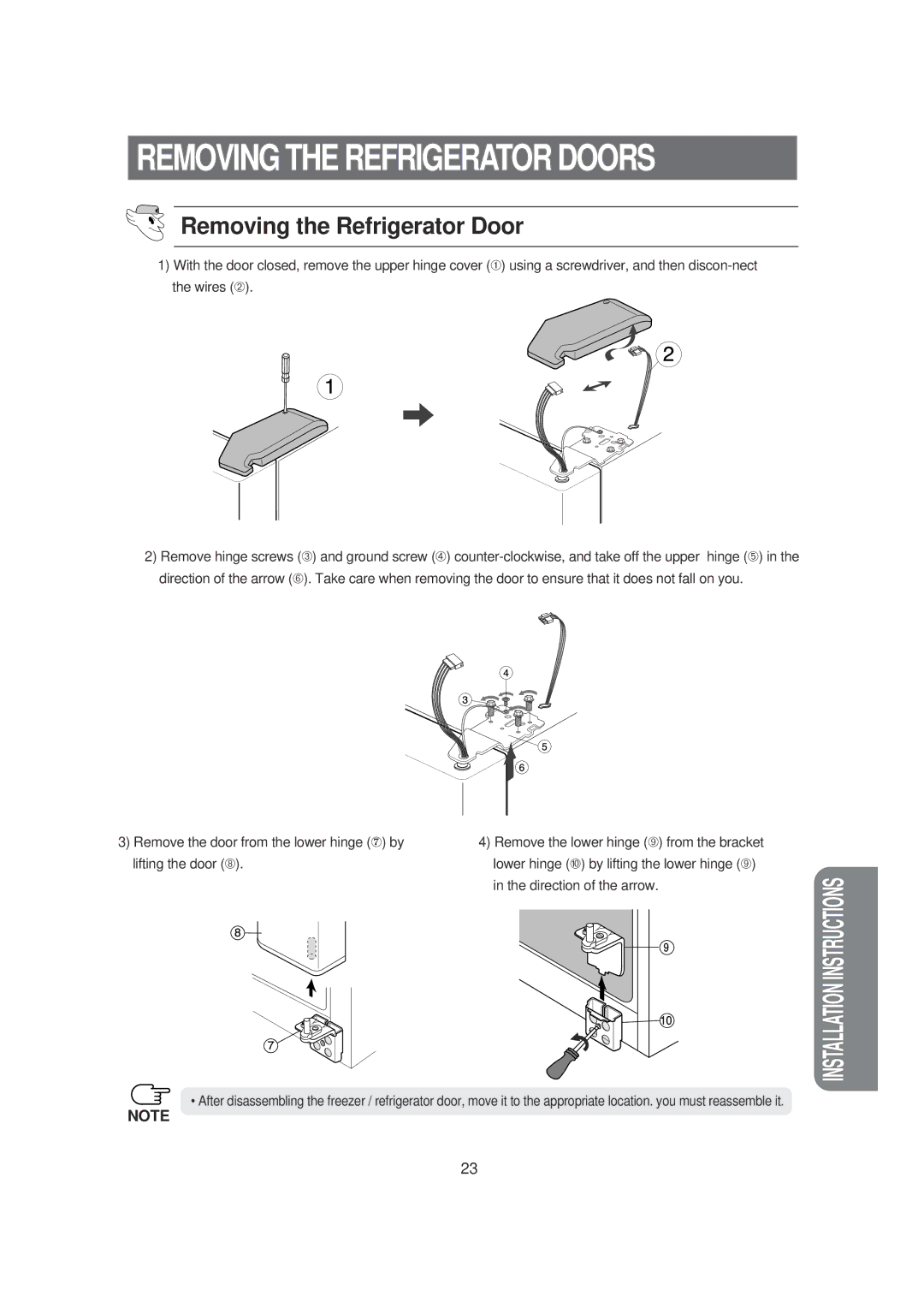 Samsung SRS620DW owner manual Removing the Refrigerator Door 