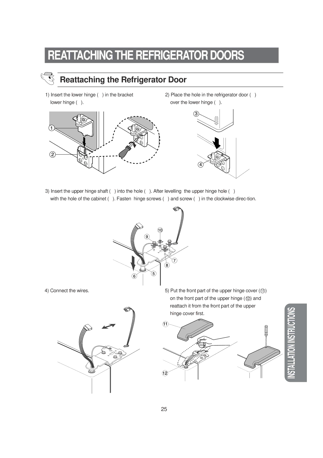 Samsung SRS620DW owner manual Reattaching the Refrigerator Door 