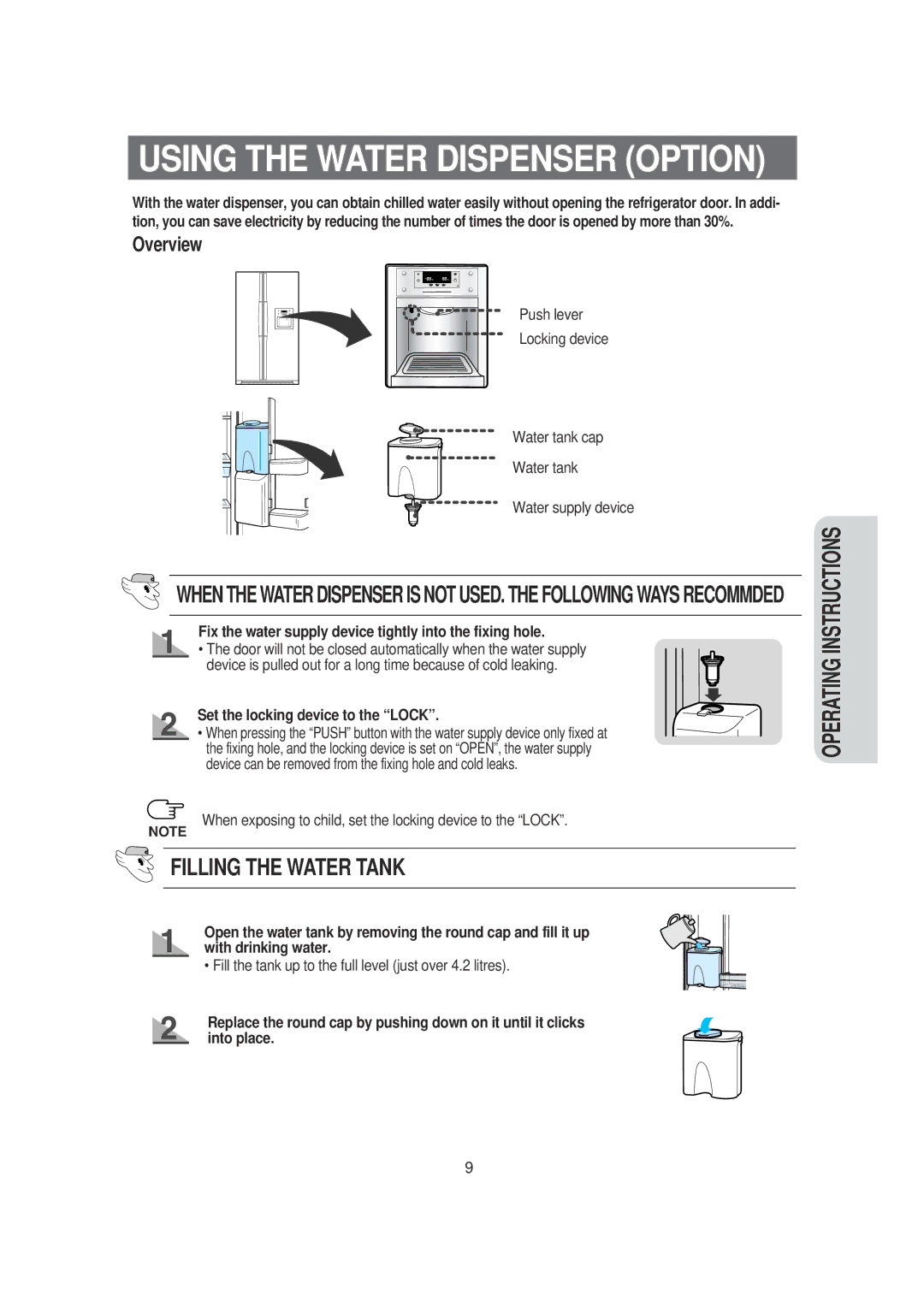 Samsung SRS620DW owner manual Fix the water supply device tightly into the fixing hole, Set the locking device to the Lock 