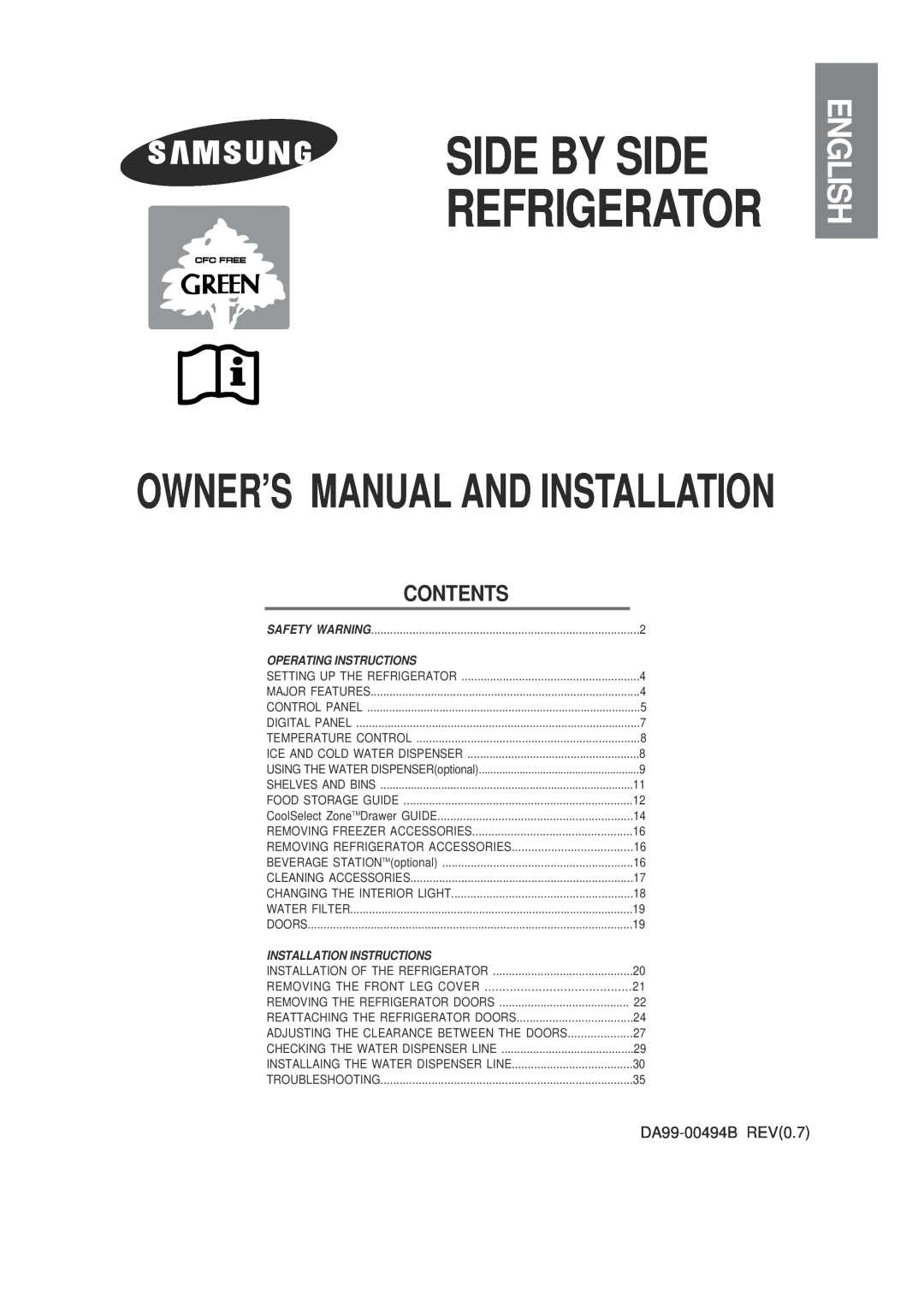 Samsung SRS620DW owner manual English, Contents, Side By Side, Refrigerator, Operating Instructions 